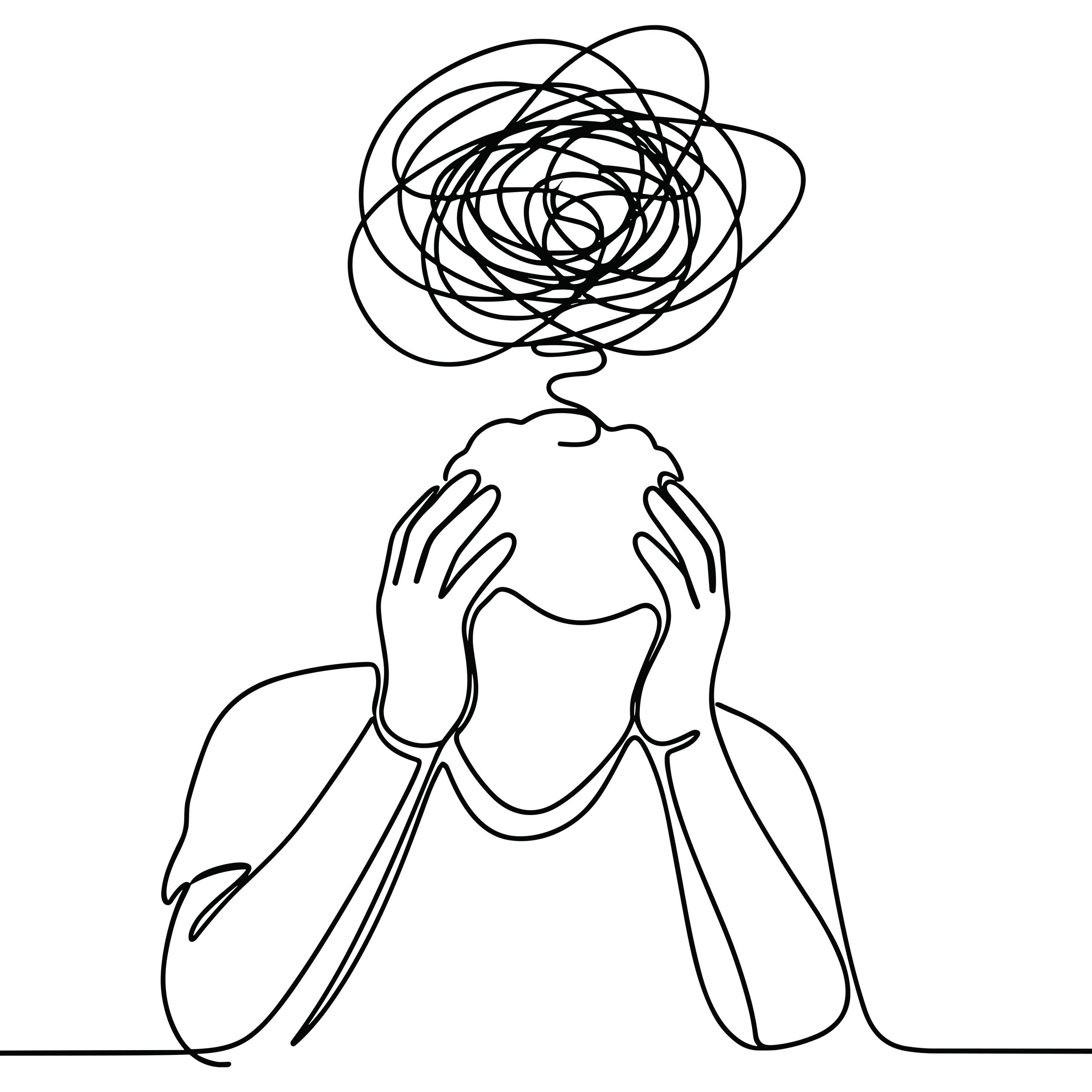 A black and white line drawing of a person holding their head with hair represented by tangled scribbles.