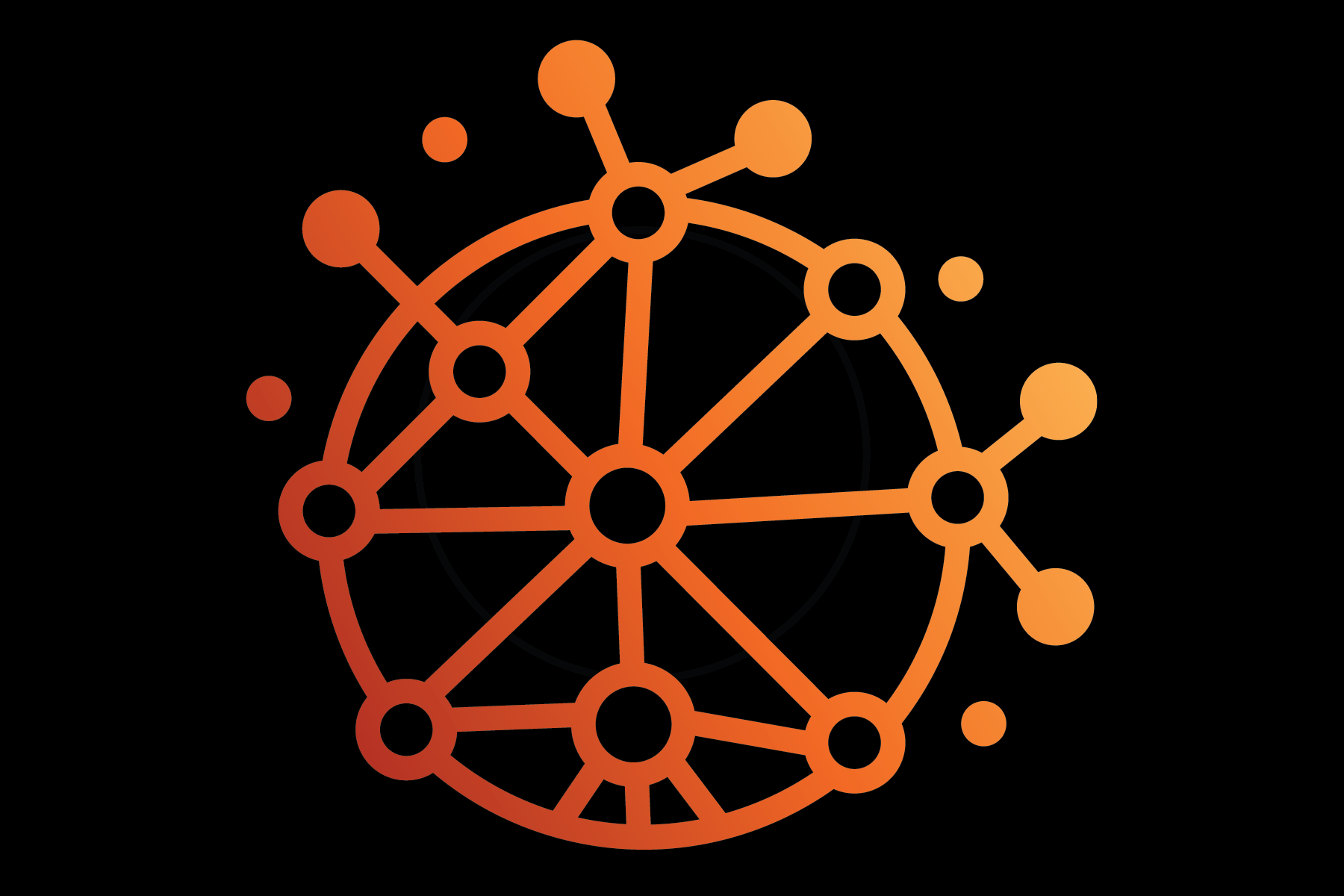 A digital illustration of a molecular structure with interconnected nodes and lines, featuring a gradient of orange hues on a black background.