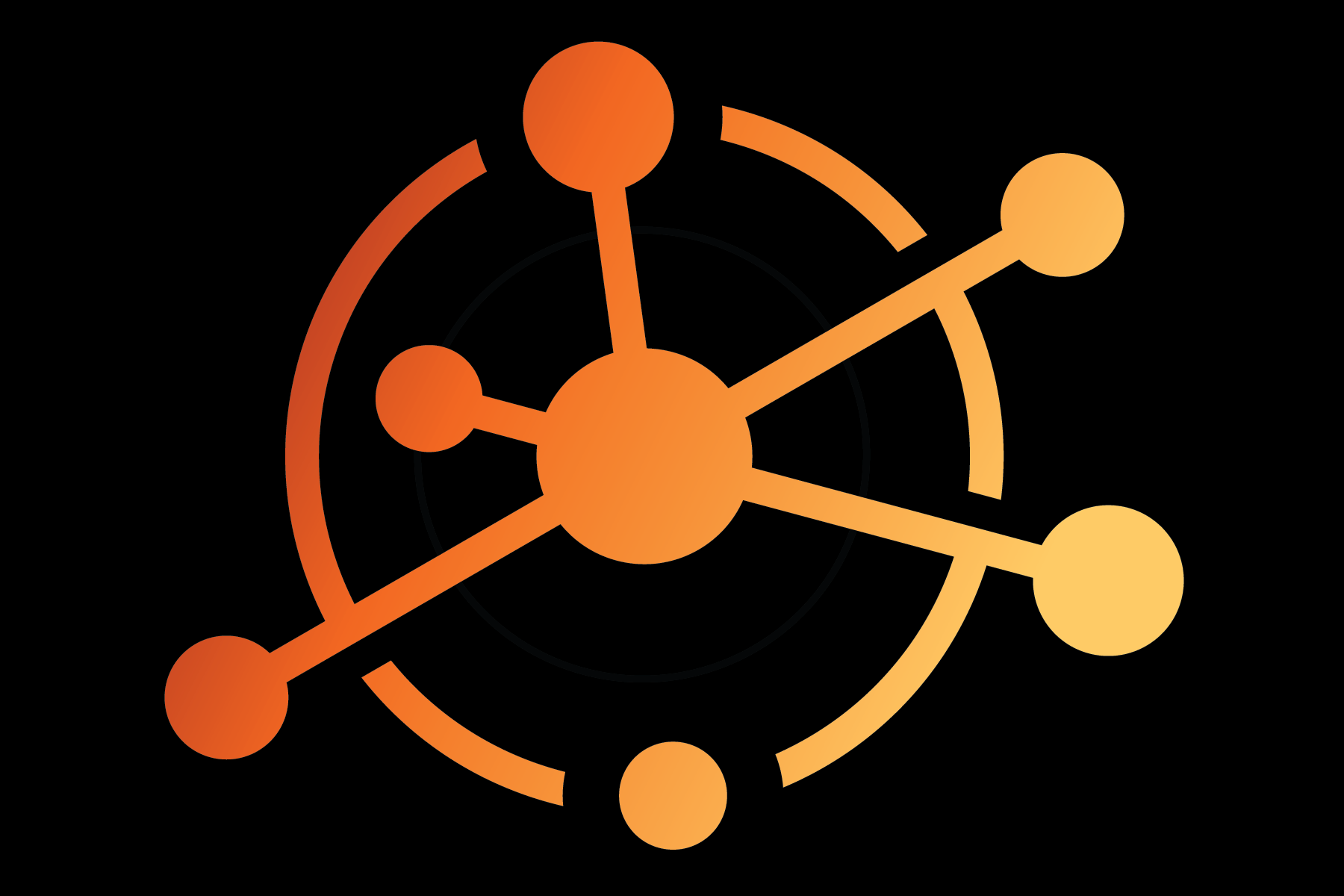 A digital graphic showing an abstract, neon-colored network or molecular structure on a black background.
