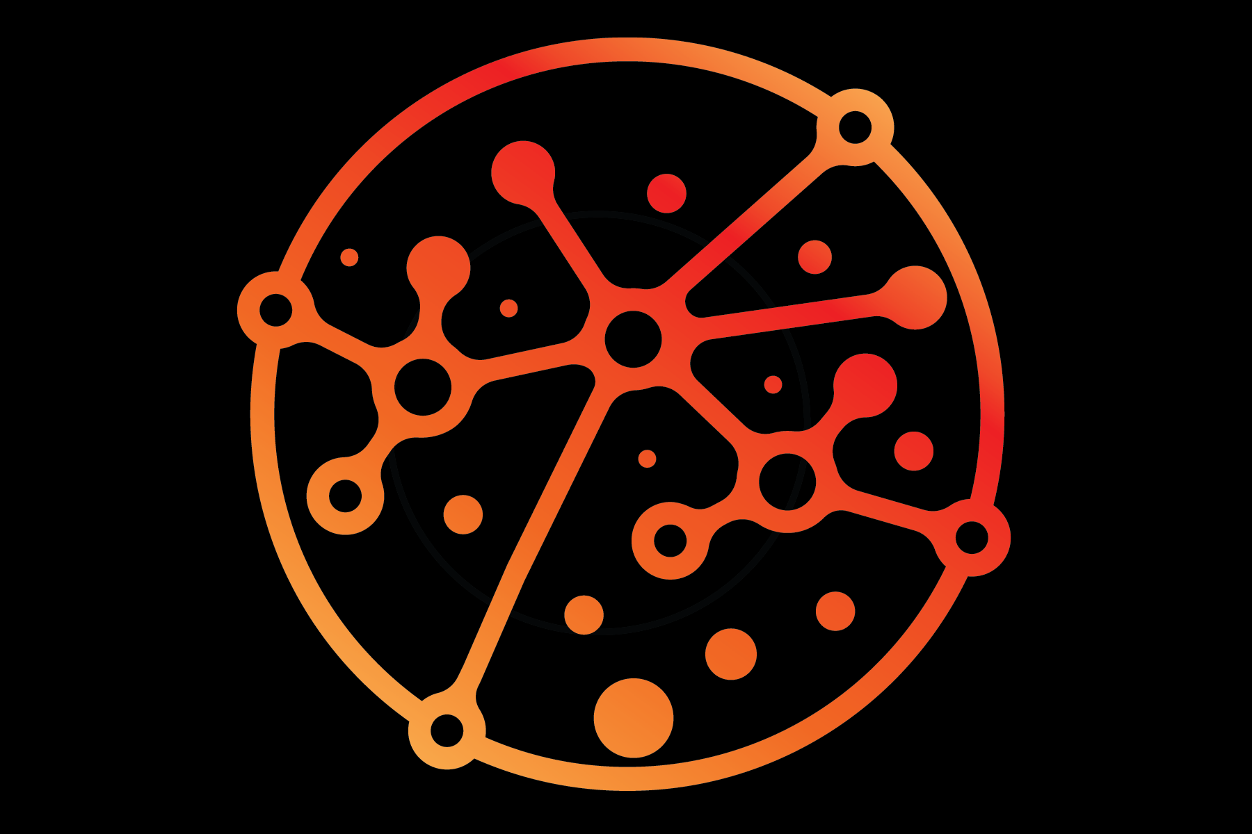 A stylized representation of a virus particle or molecule, depicted with interconnected nodes and lines in gradient orange and red colors on a black background.