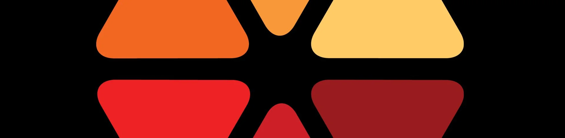 Abstract geometric design with triangles and hexagons in orange, yellow, and red on a black background.