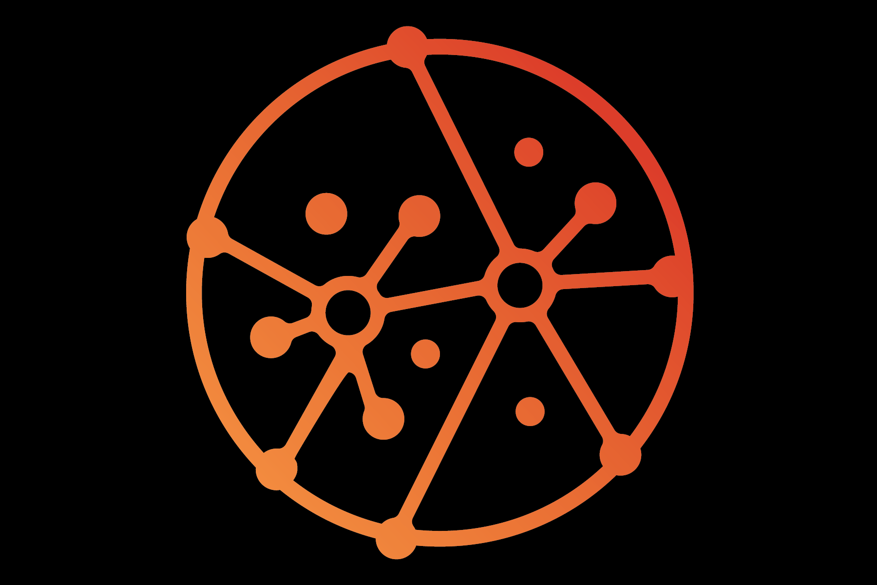 Stylized graphic of a planet with interconnected nodes and lines, representing a network or constellation, in orange gradients on a black background.