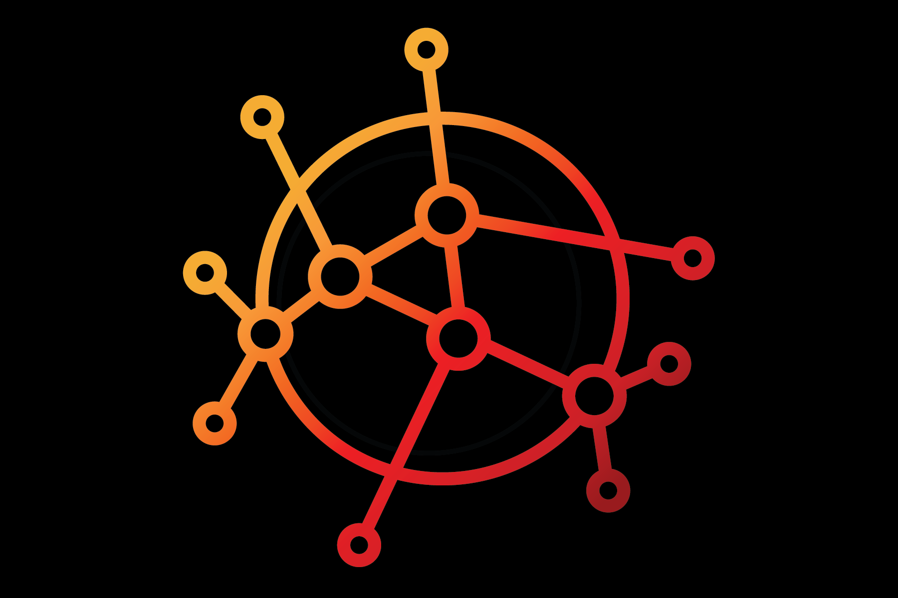 A digital graphic of interconnected nodes and lines forming a network, with a gradient from orange to red on a black background.