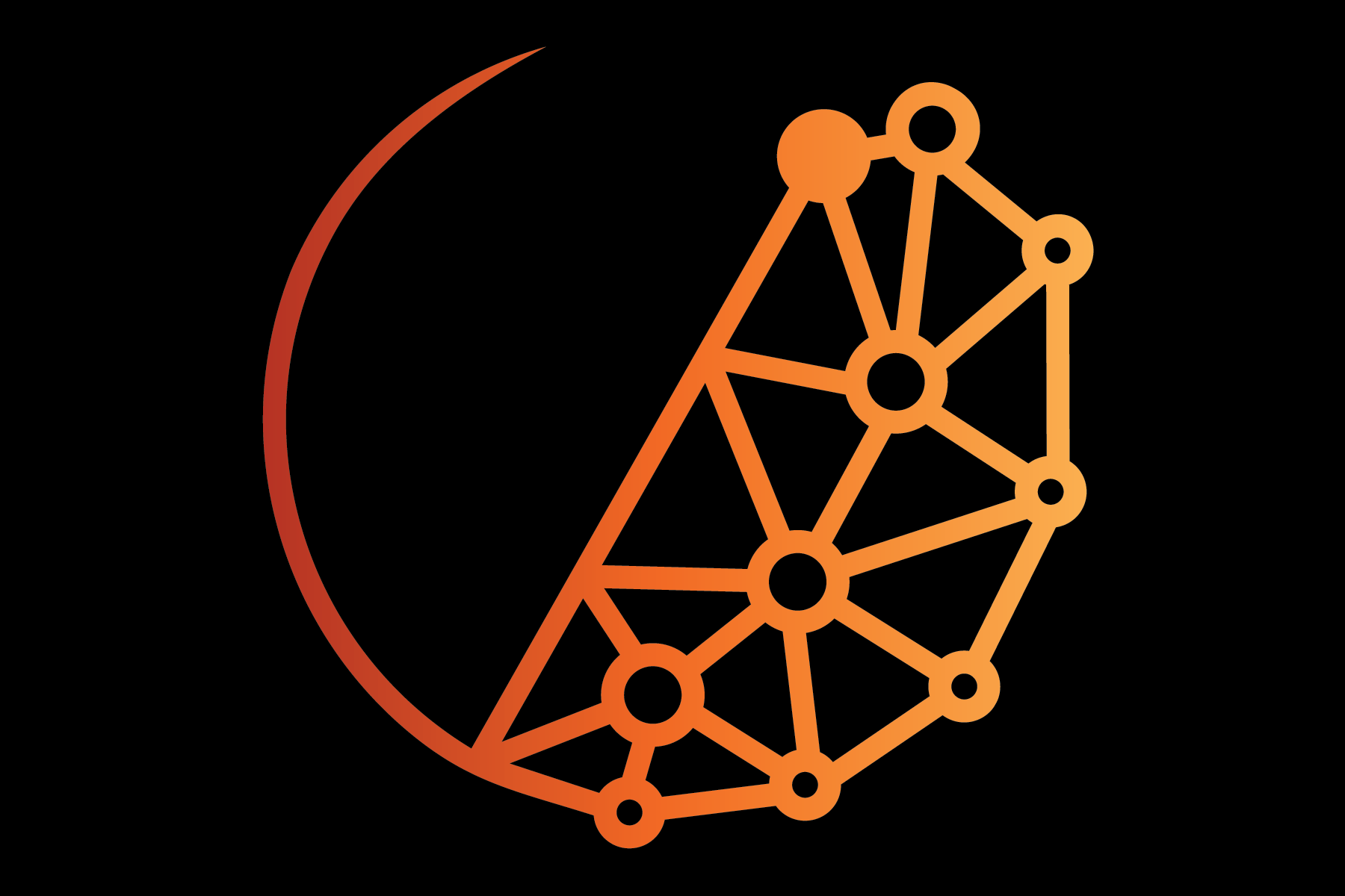 Stylized orange neural network illustration on a black background.
