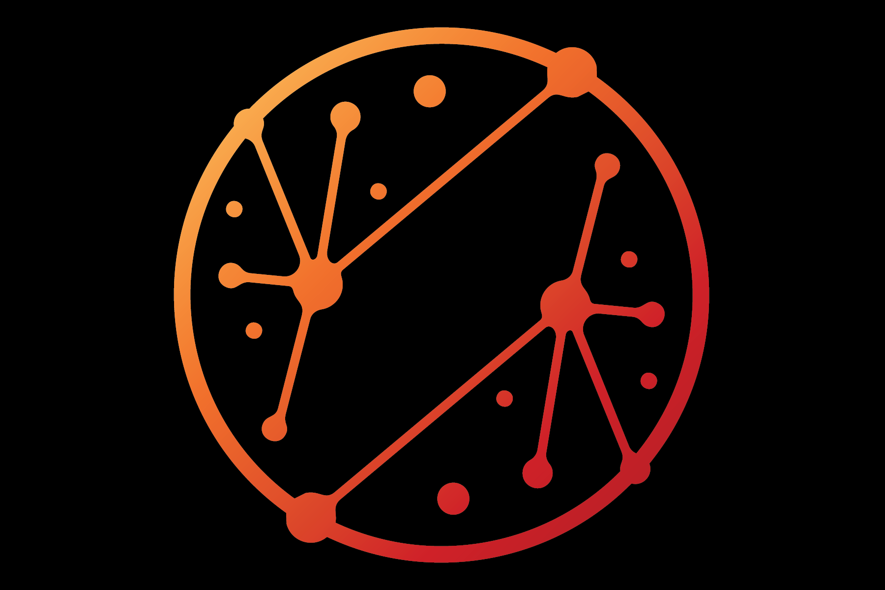 A stylized digital illustration of a clock face with a gradient orange-red color on a black background, featuring no numbers but multiple intersecting lines and dots representing the clock's hands and markers.
