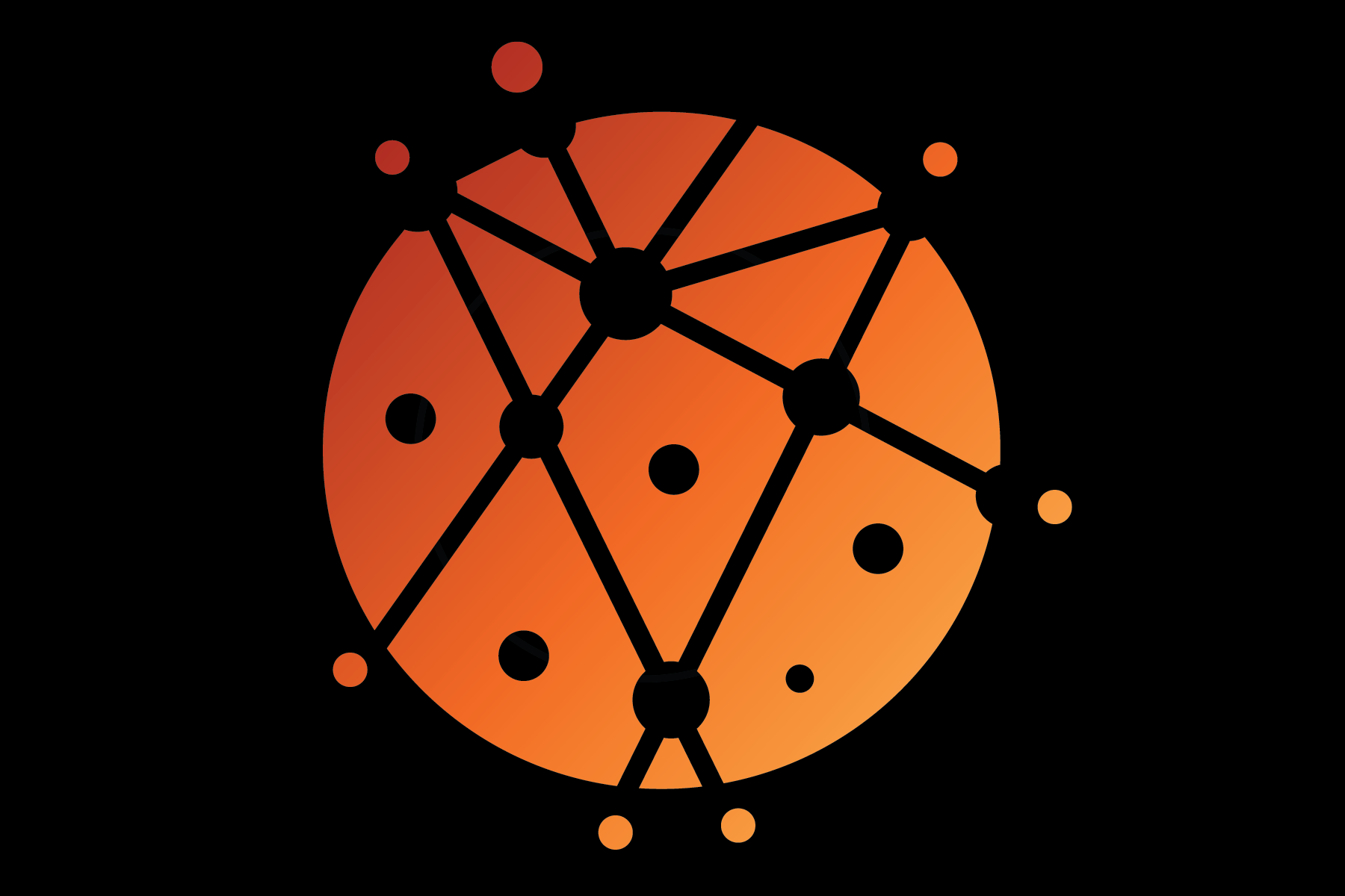 A digital illustration of a stylized globe with interconnected black lines and circles, overlaid on a reddish-orange gradient background.