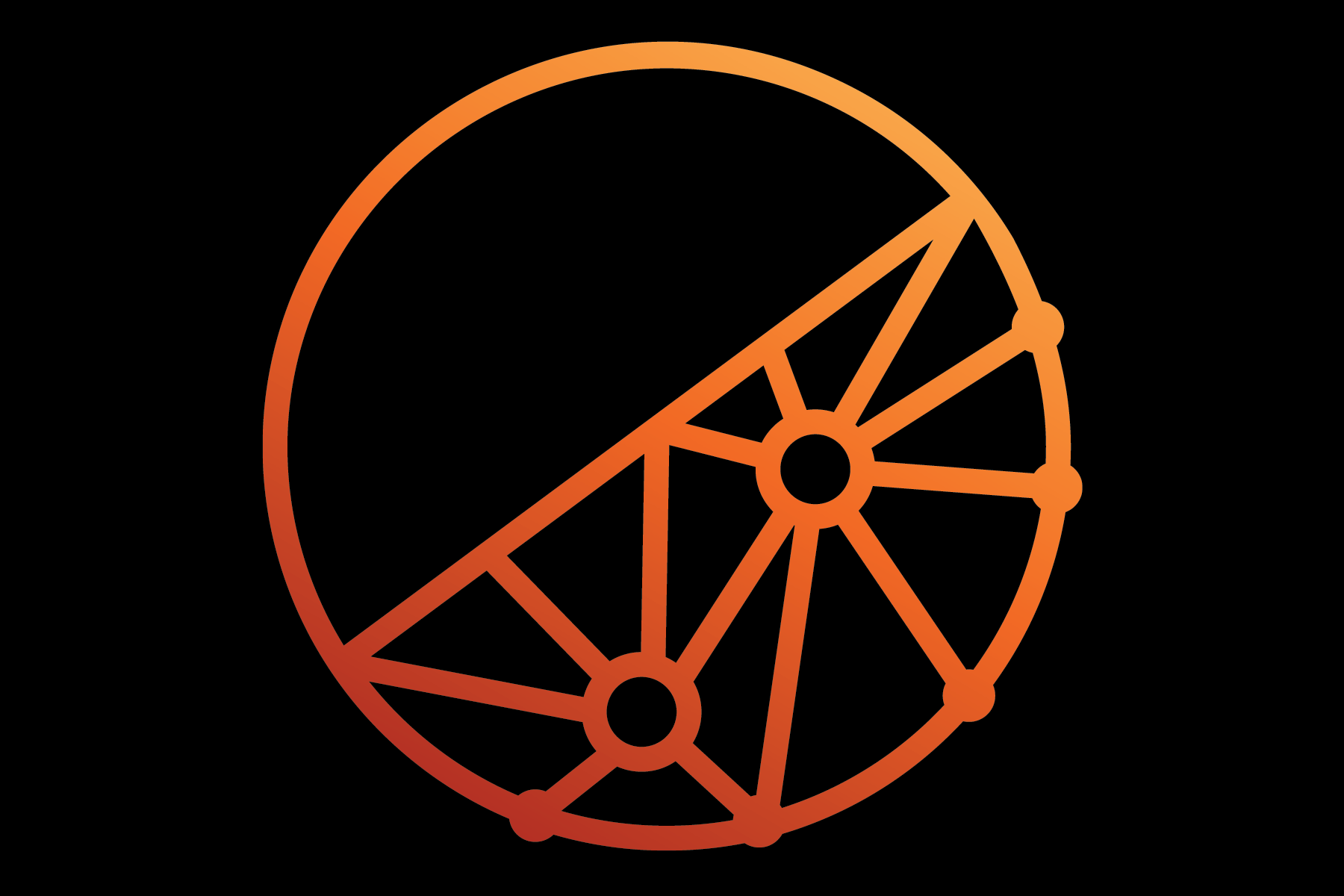 Orange gradient globe with connected nodes and lines forming a network pattern.