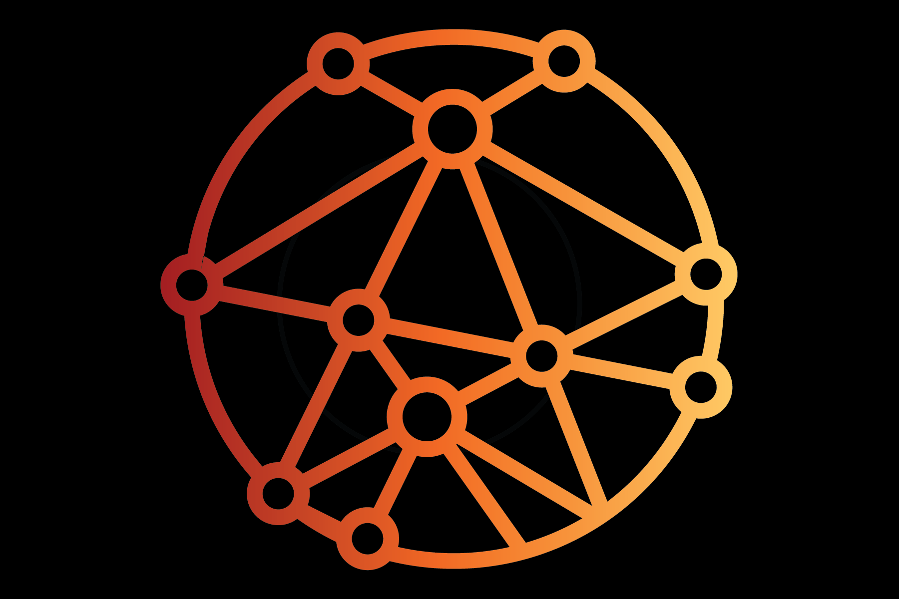 A stylized globe made of interconnected lines and circles, with a gradient color from red to orange, set against a black background.