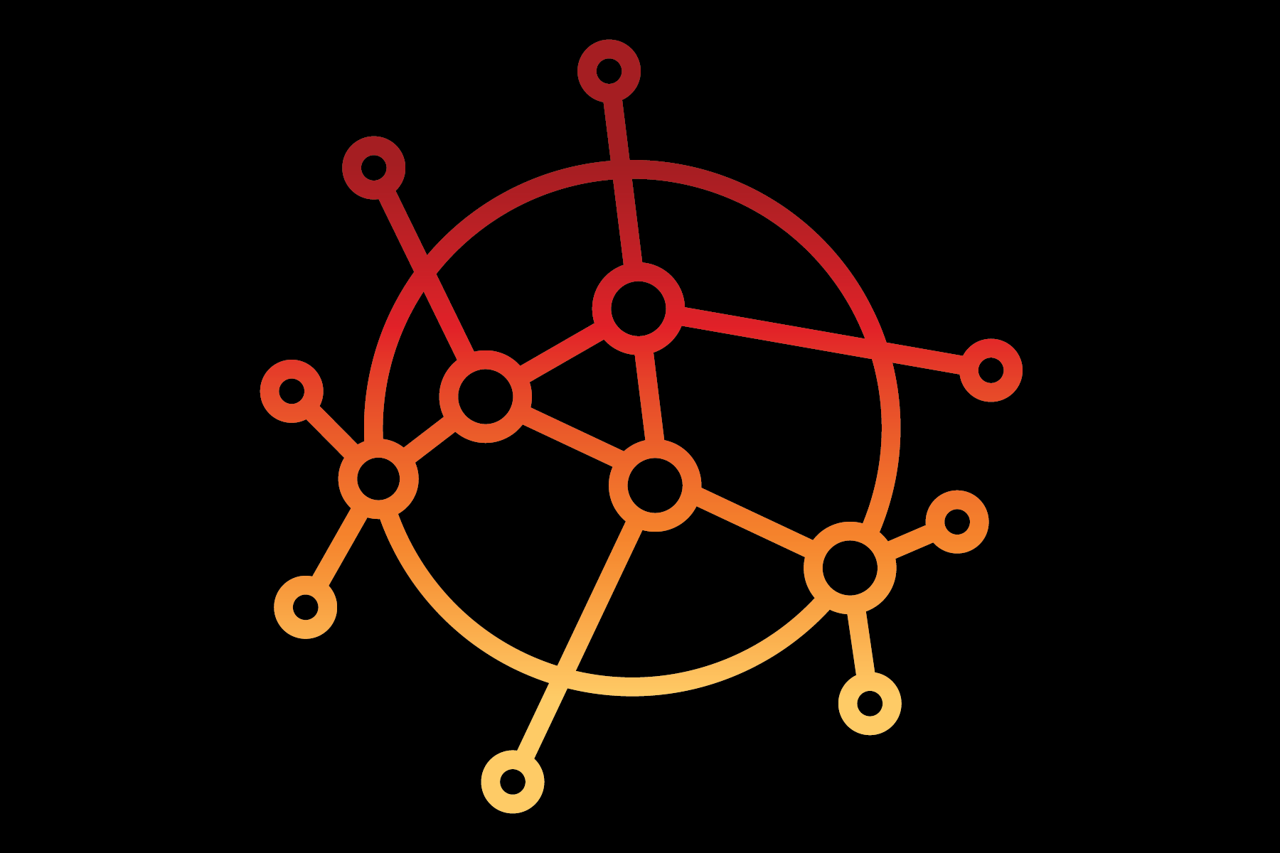 A stylized network diagram with interconnected nodes, color gradient from orange to red, on a black background.
