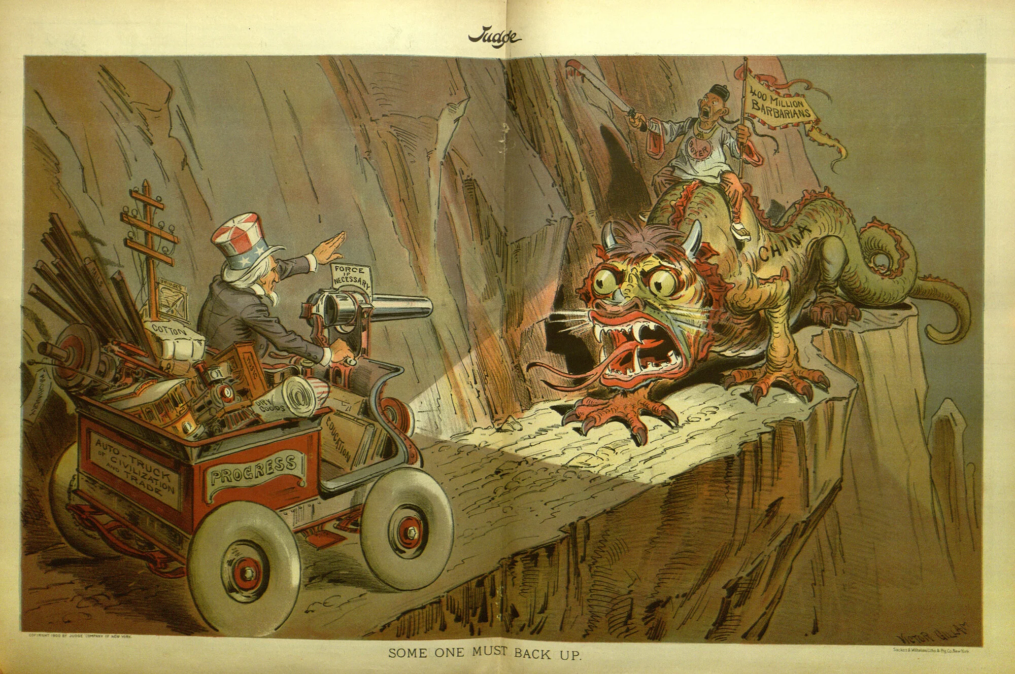 “Someone must back up” Judge magazine, New York, 1900