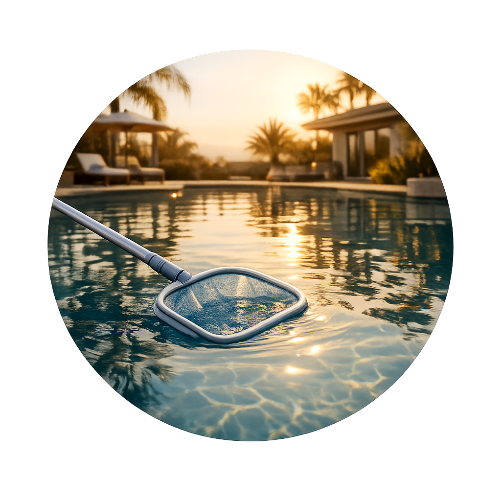 A pool cleaning net floating in a swimming pool during sunset with palm trees and poolside lounge chairs in the background.