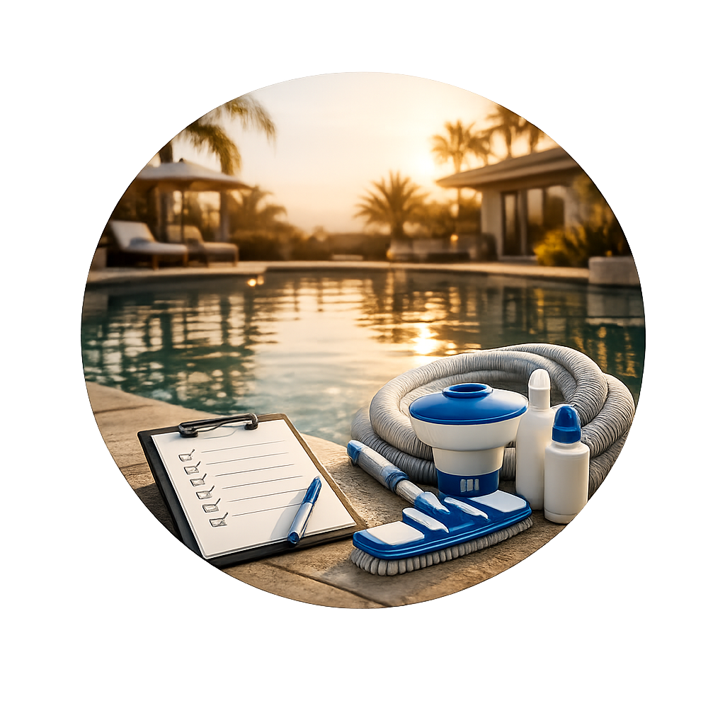 Poolside scene with snorkeling gear, a notebook, and a pen in front of a swimming pool at sunset, with palm trees and a house in the background.