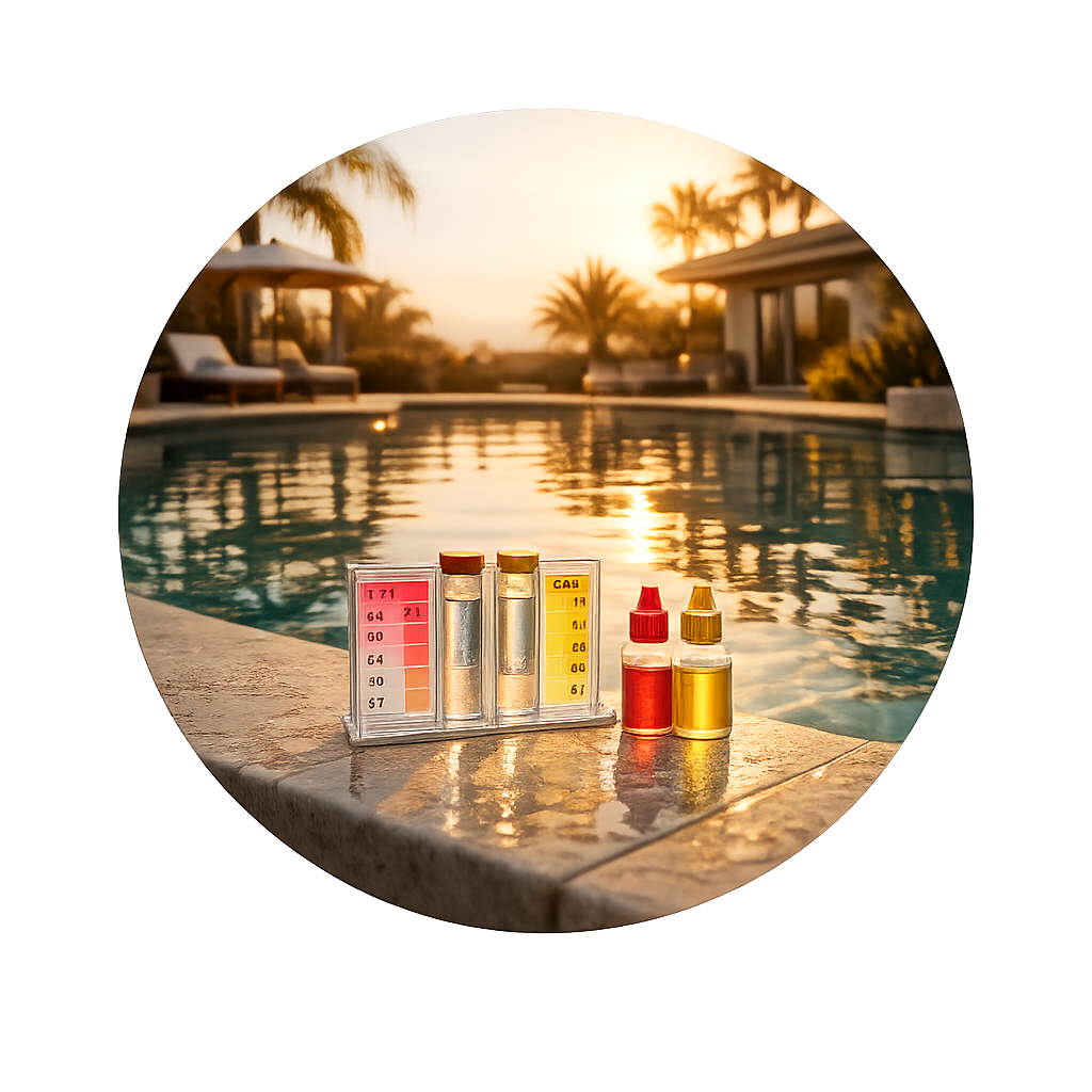 Poolside scene at sunset with pool test kits and liquid reagents on the edge of the pool