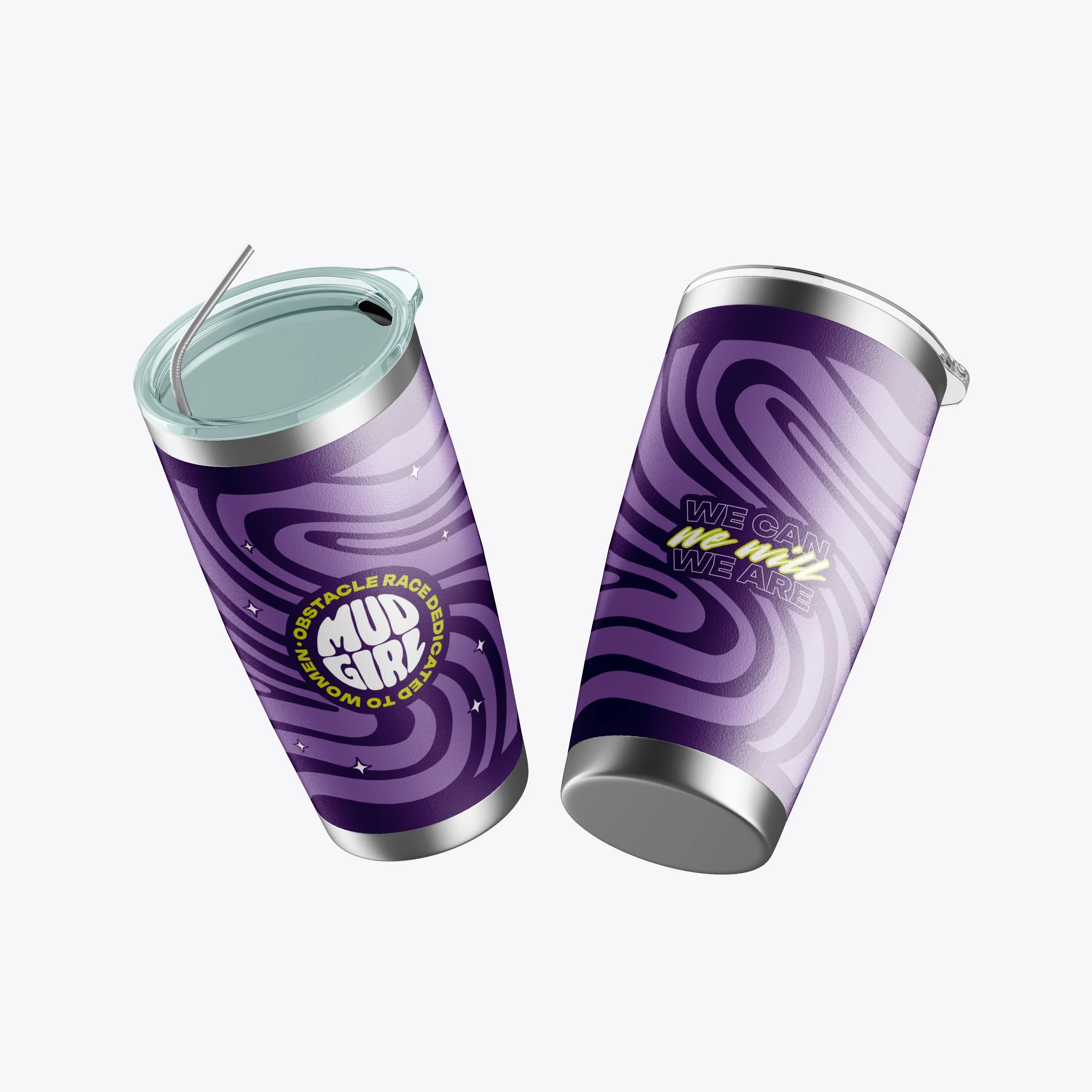 Deux canettes de boisson énergisante avec une conception violette à motifs tourbillonnants et slogans motivants en anglais.