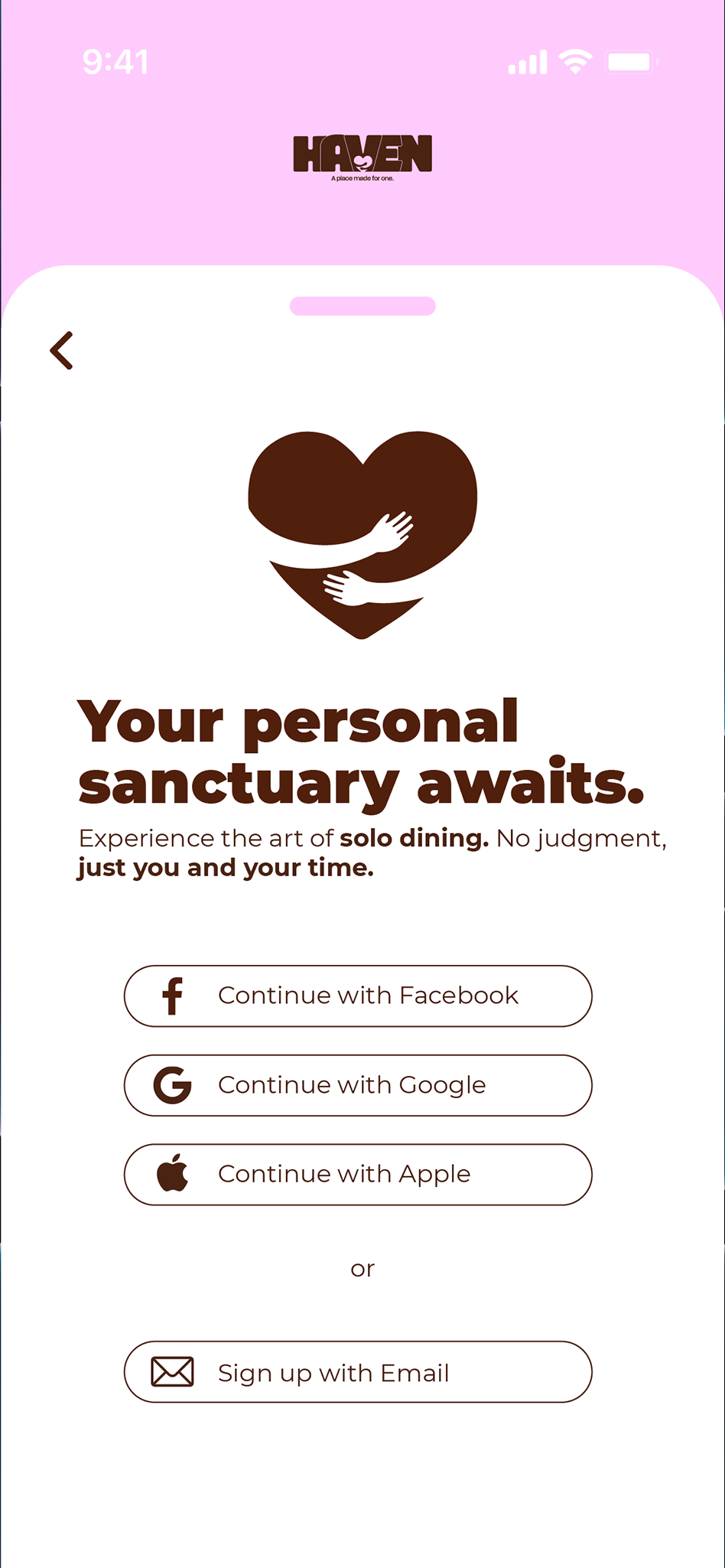 Page d'inscription à une application nommée 'HAVEN', proposant une expérience de restauration en solo. Icône d'un cœur avec deux mains qui le tiennent.
