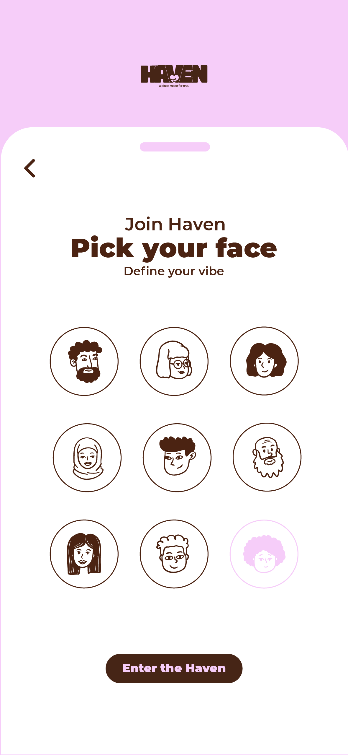 Écran d'une application avec différentes icônes de visages humains pour choisir sa vibe, intitulé "Join Haven" et "Pick your face".