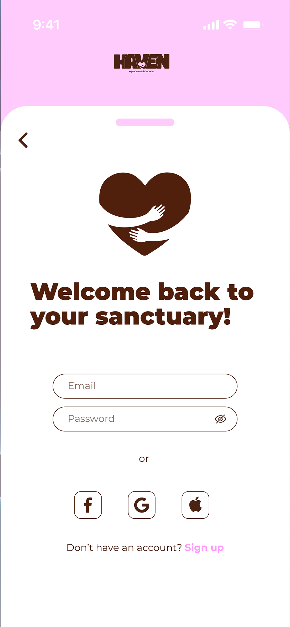Écran de connexion d'une application avec un logo représentant un cœur formé de deux mains. Texte : "Bienvenue dans votre sanctuaire !" et un formulaire pour entrer un email et un mot de passe, avec des options de connexion via Facebook, Google et Apple.
