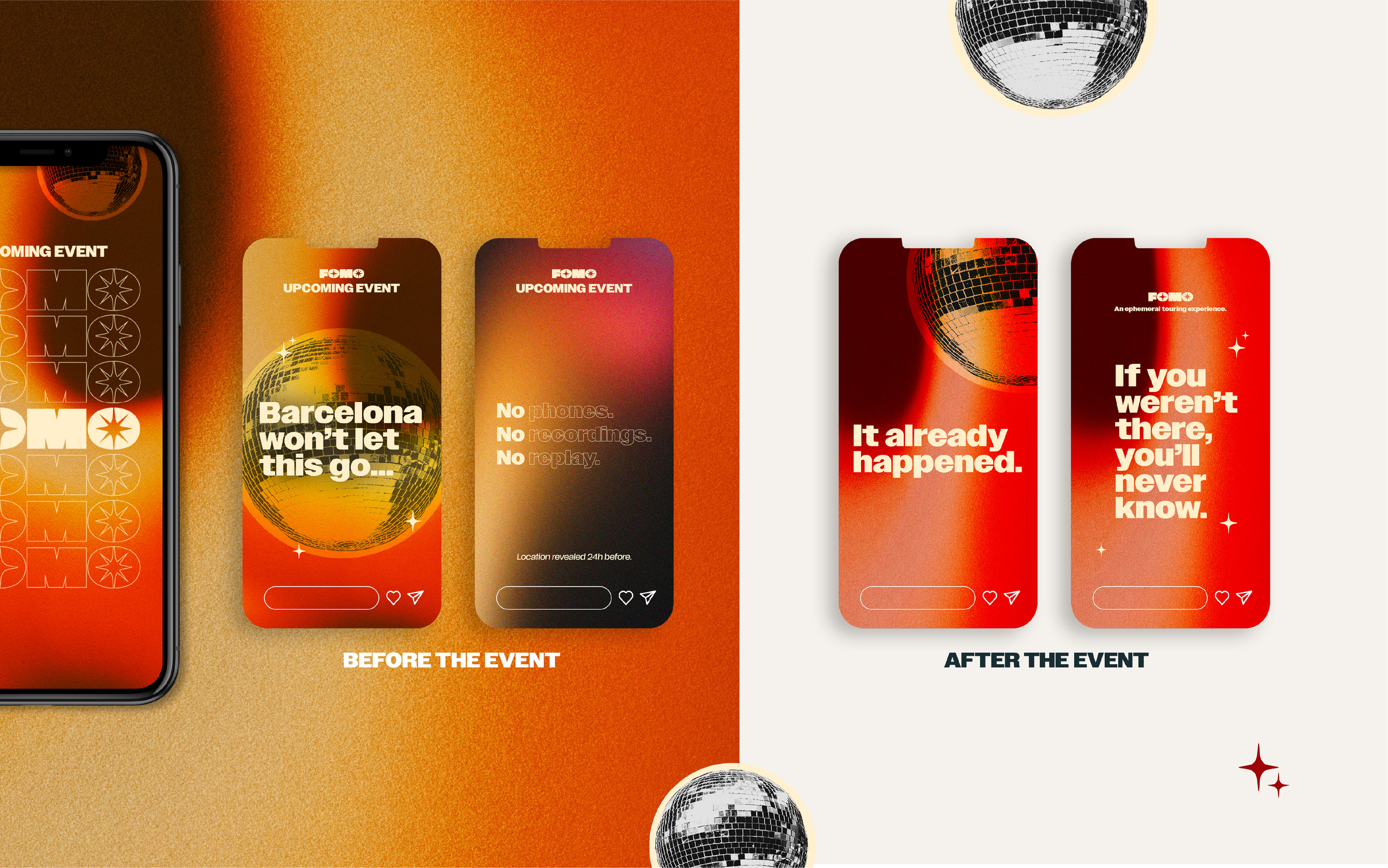 Comparaison de deux images d'écrans de téléphone, une avant et une après un événement, avec un thème de discothèque et une boule à facette.