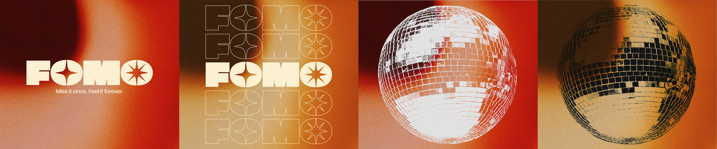 Design graphique évoquant un disque de danse avec le mot 'FOMO' et une sphère disco