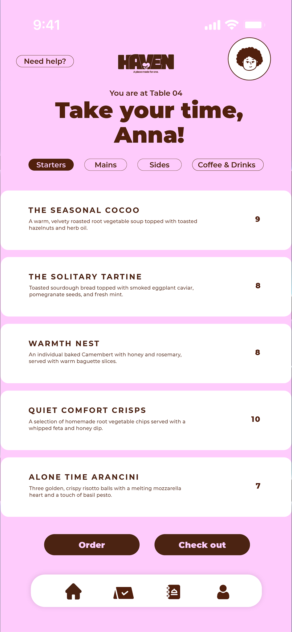 Menu de restaurant avec différentes options de plats, fond rose, boutons pour commander ou payer, et icônes de navigation en bas.