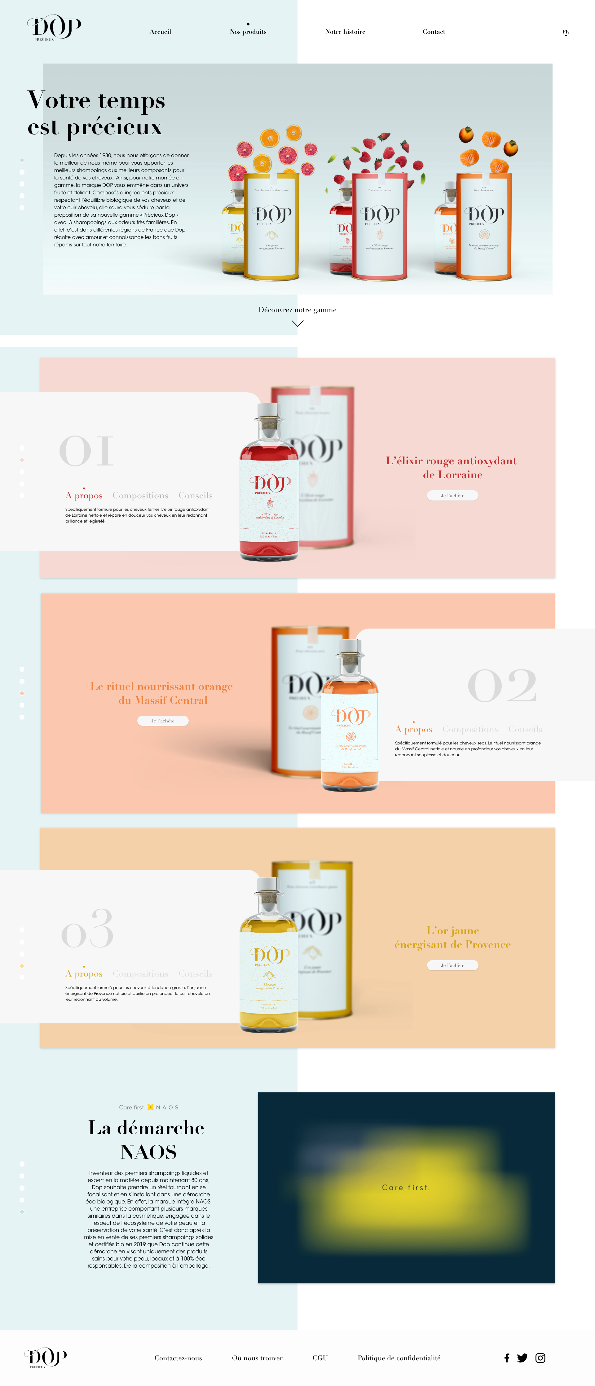 Page d'accueil d'un site web présentant une gamme de produits de soins capillaires biologiques, avec des bouteilles de shampooing à différentes couleurs et des descriptions en français.