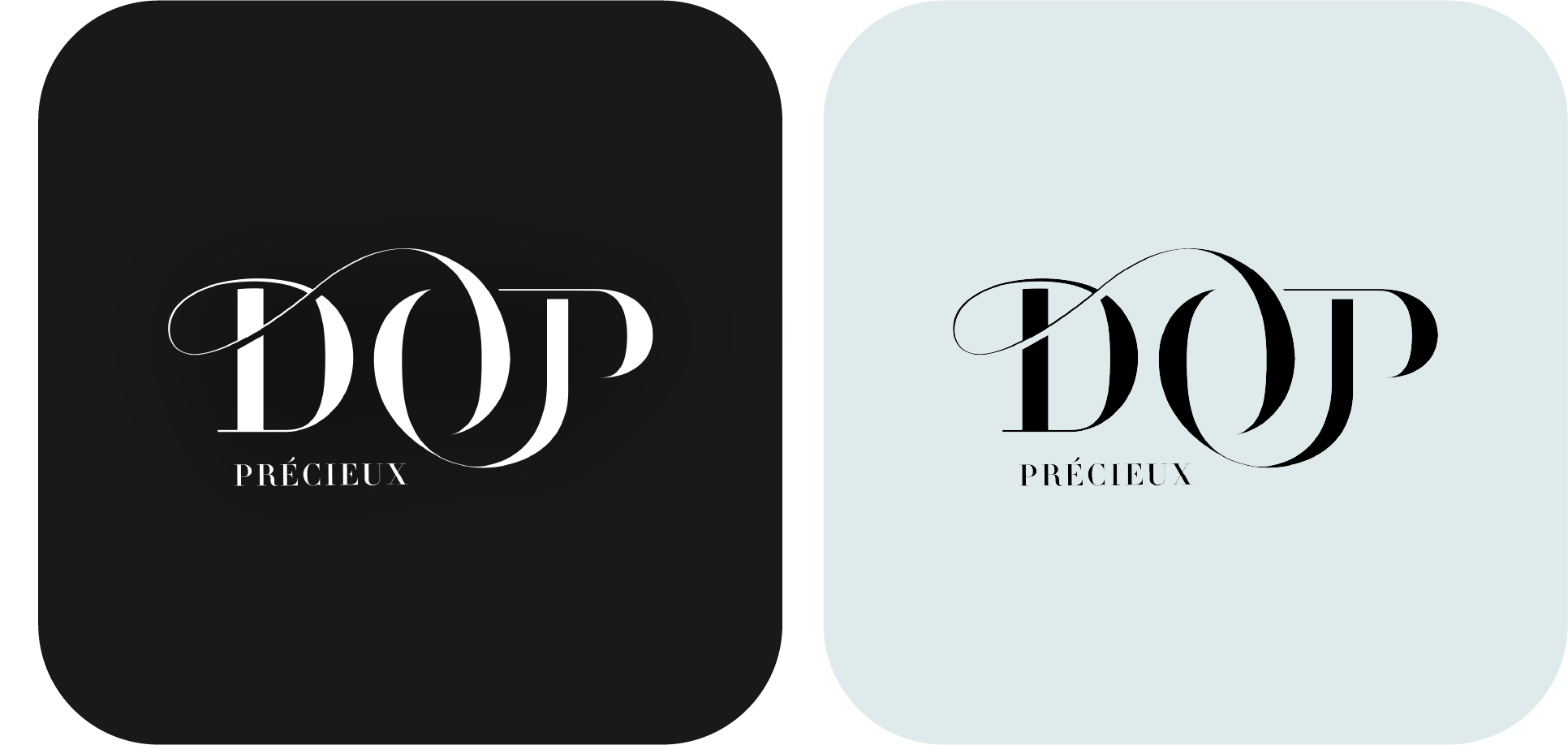 Deux logos similaires de marque nommée 'DOP' avec le mot 'PRÉCIEUX' en dessous, un fond noir avec texte blanc et un fond bleu clair avec texte noir.
