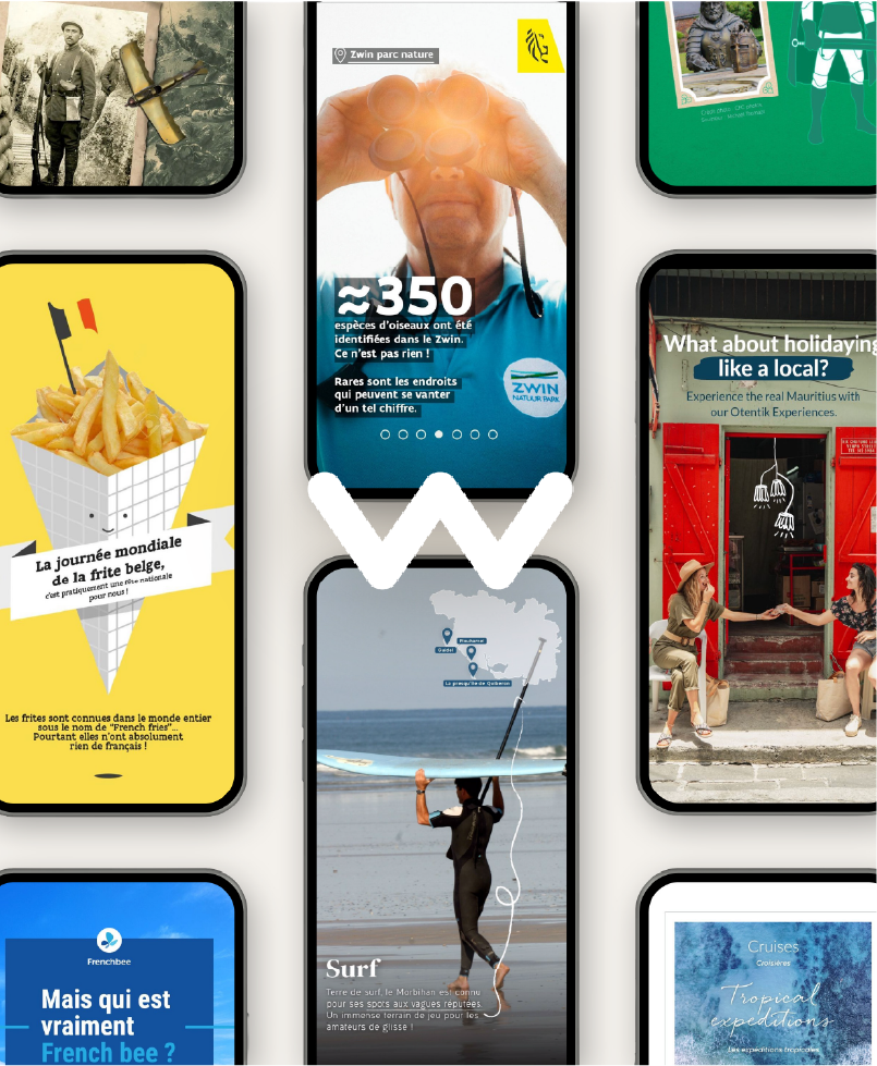 Collection d'écrans de smartphones affichant des images et des textes liés au voyage, à la nature et aux loisirs, notamment une personne regardant à travers des jumelles, une sortie de surf, de la nourriture, des activités touristiques, et une publicité pour la Belgique avec des frites.