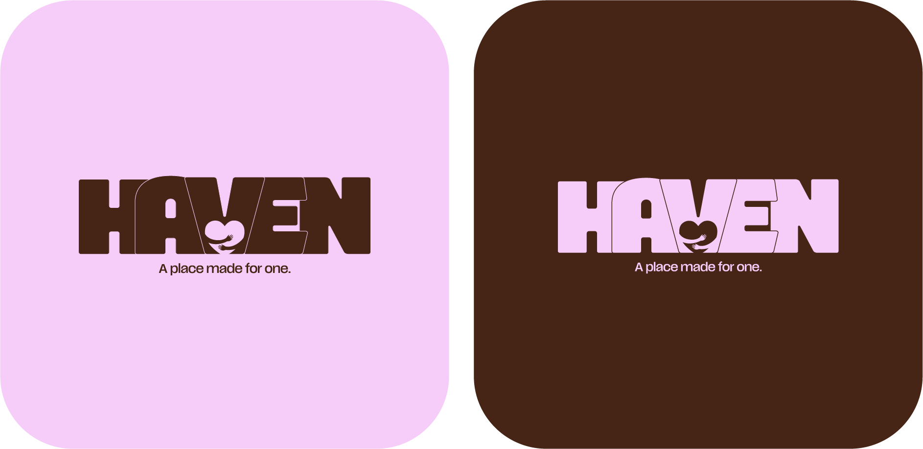 Deux affiches illustrées avec le mot 'Haven', une en fond violet clair et l'autre en fond marron foncé. Chaque affiche comporte un symbole de cœur à l'intérieur du mot 'Haven' accompagné du texte 'A place made for one' en dessous.