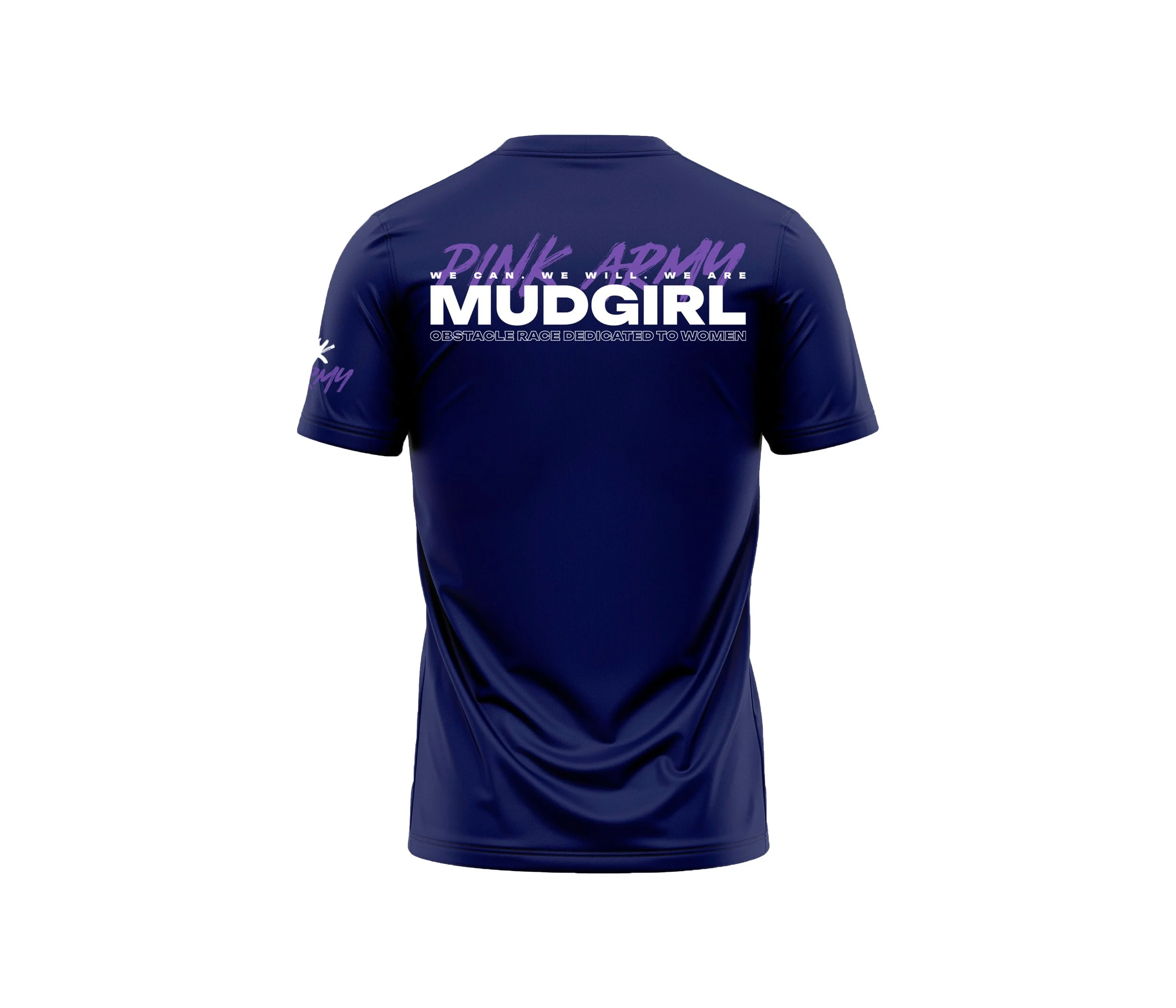 Un maillot de sport bleu avec le texte 'MUDGIRL' en blanc et violet à l'arrière, dédié à une course d'obstacles pour femmes.