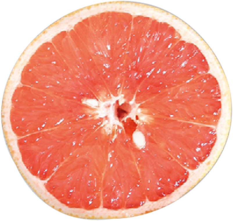 Une moitié de pamplemousse rouge avec sa chair juteuse visible.