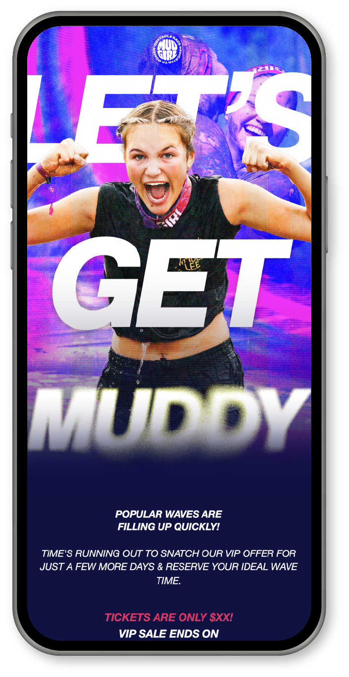 Une affiche promotionnelle pour un événement de surf indiquant que les vagues sont en train de devenir dangereuses, avec une jeune femme souriante et musclée, portant un t-shirt noir et une médaille, en train de se célébrer avec ses bras levés. L'affiche mentionne une vente de billets VIP pour l'événement.