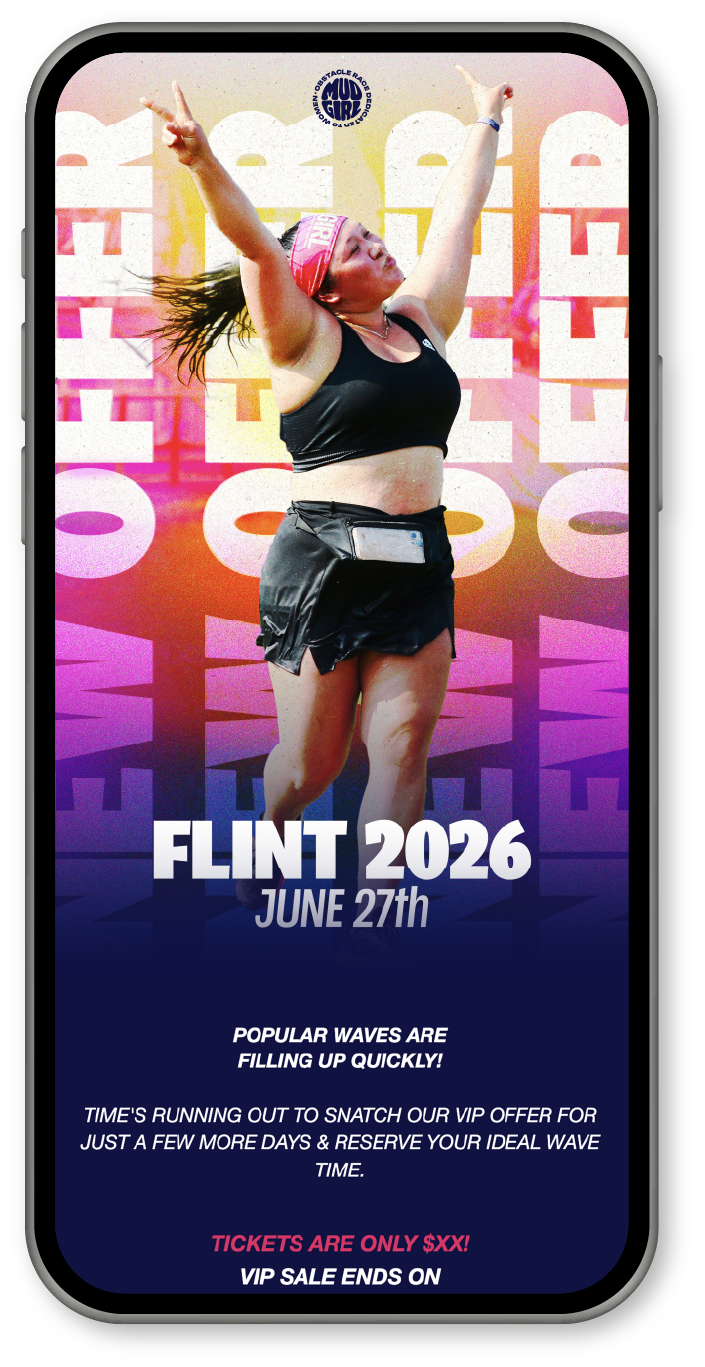Une affiche promotionnelle pour une course ou événement à Flint, le 27 juin 2026, avec une femme passant une ligne d'arrivée, portant un bandeau rose, vêtue d'un débardeur noir et d'une jupe noire, avec un fond coloré et le texte "Populaire Les vagues se remplissent rapidement!" et informations sur la vente des billets VIP.