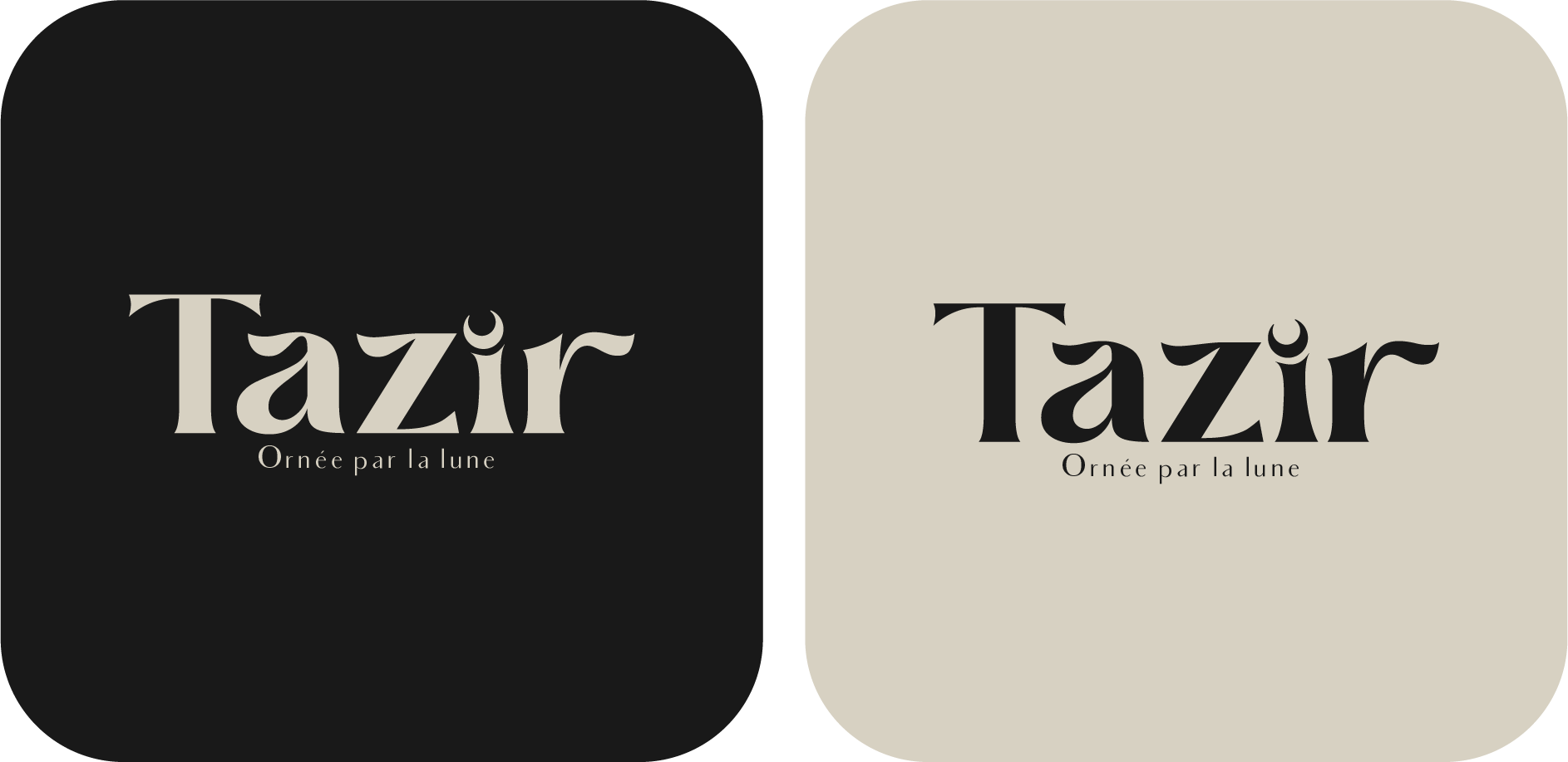 Deux couvertures de livre avec le titre 'Tazir' et le sous-titre 'Ornée par la lune', l'une sur fond noir et l'autre sur fond beige.
