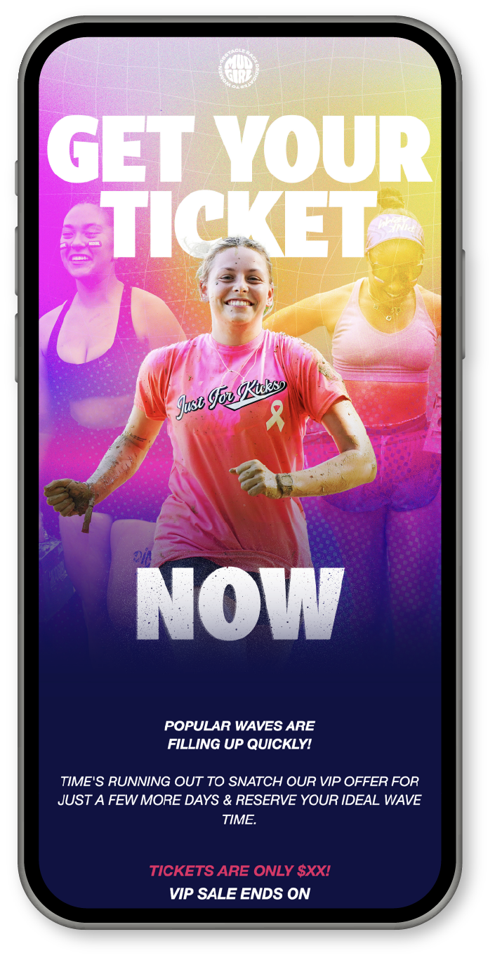 Une affiche de promotion pour des billets d'événements ou de concerts, montrant une jeune femme courant avec un sourire, entourée d'autres femmes, avec du texte en anglais incitant à acheter rapidement des billets.