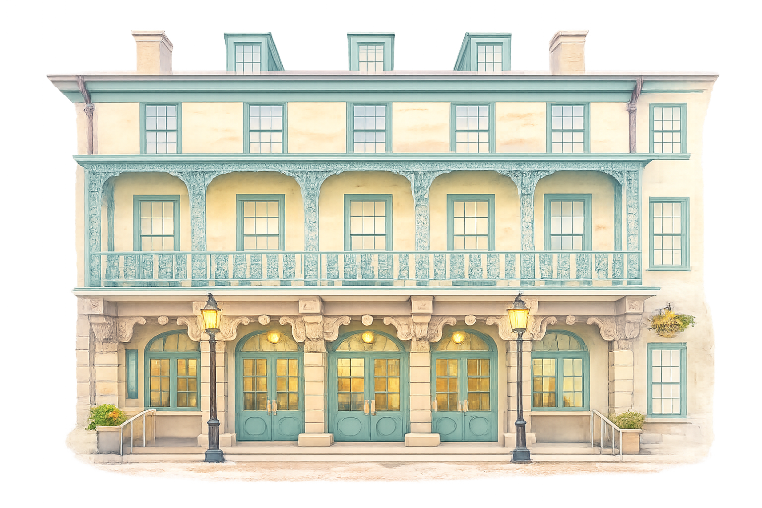 The Dock Street Theatre Charleston, SC - a front view of a three-story building with a vintage style, featuring teal doors and windows, decorative stone accents, and park lamps on the sidewalk in front.