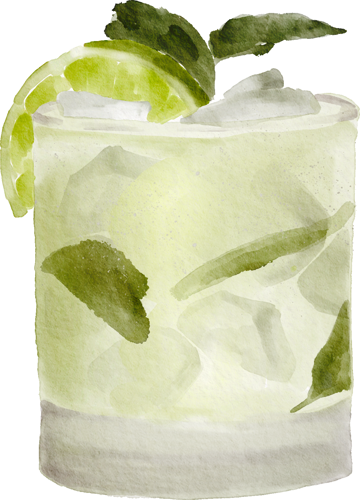 A watercolor painting of a glass of a lime cocktail with lime wedges and mint leaves.