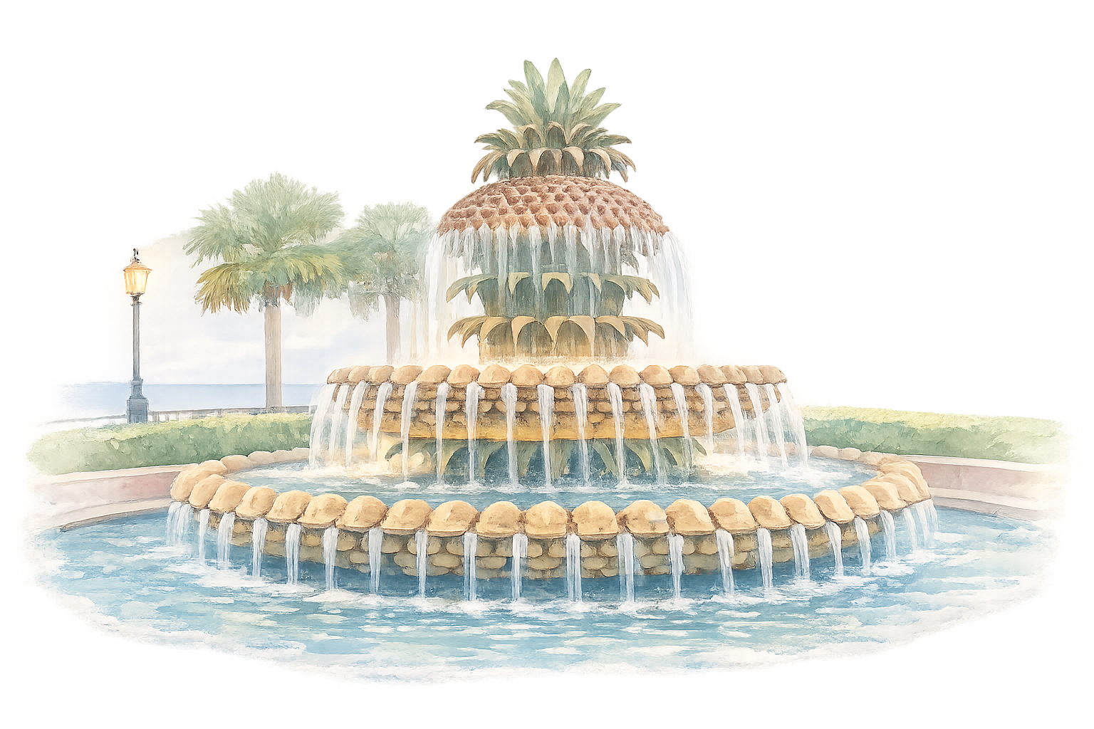 The pineapple  fountain designed like a pineapple with water cascading from its top and multiple tiers, surrounded by palm trees and a lamppost in Charleston, SC