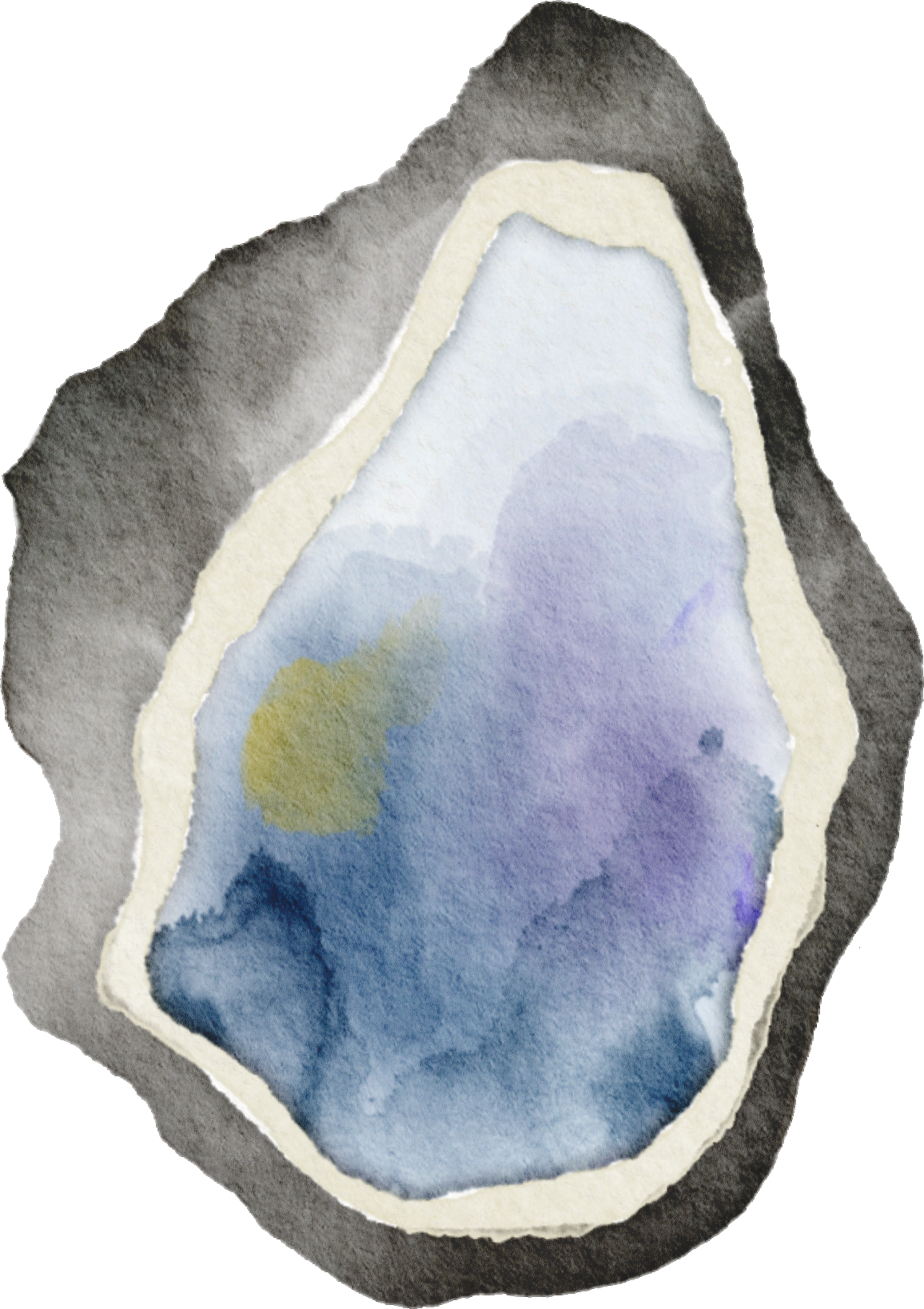 Digital watercolor painting of a geode with a dark gray outer shell and a luminous blue center with hints of purple and green.