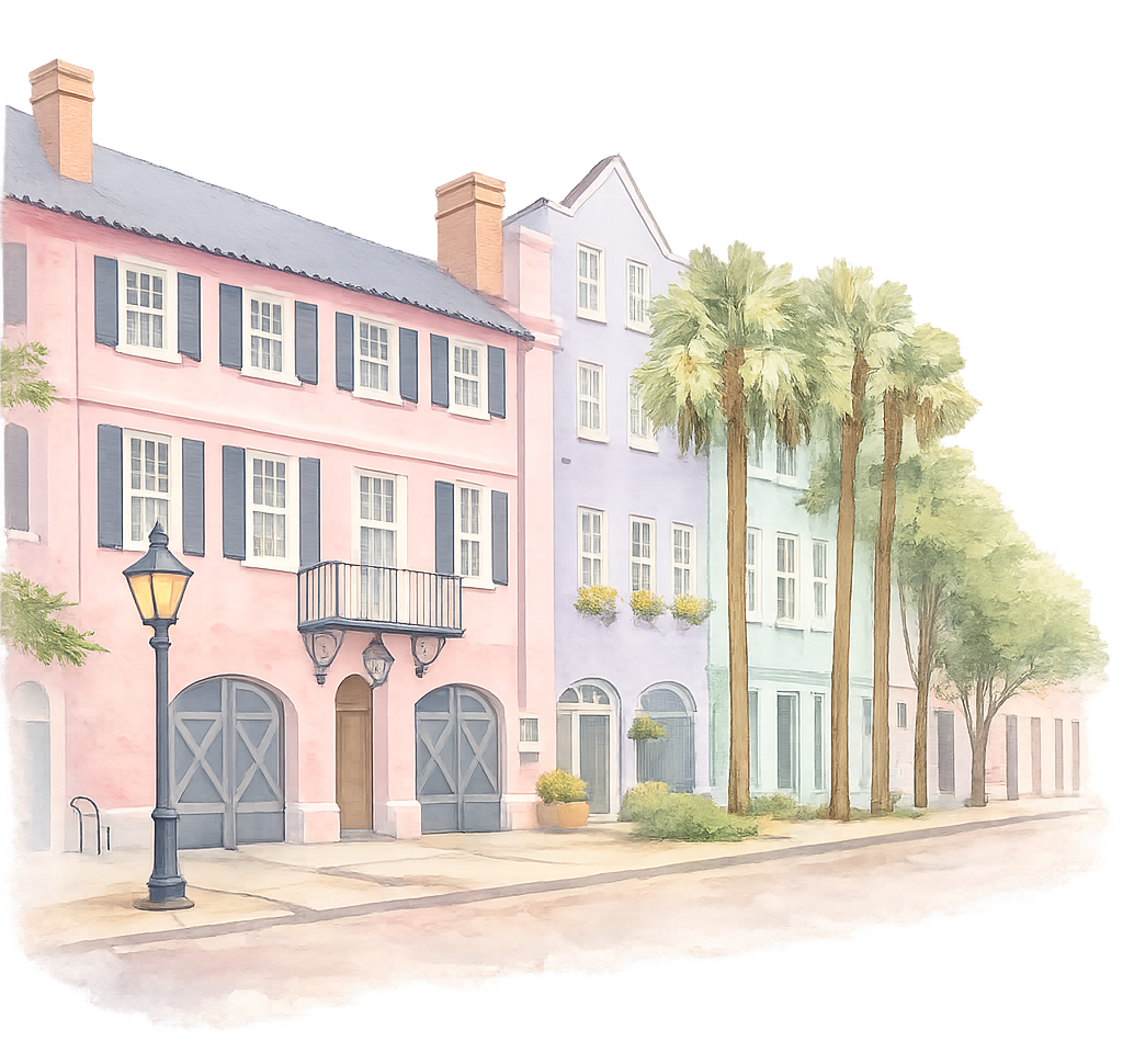 Rainbow Row Charleston, SC - a colorful pastel-colored buildings with black shutters, palm trees, and a street lamp in a cityscape.