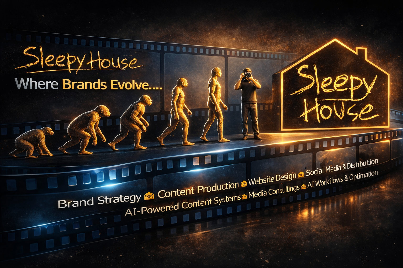 A digital illustration depicting the evolution of human beings from ape to modern human standing next to a person with a camera, all in front of a glowing house-shaped outline with the text 'Sleepy House.' The image includes a film strip with headings such as 'Brand Strategy,' 'Content Production,' 'Website Design,' 'Social Media & Distribution,' 'AI-Powered Content Systems,' 'Media Consulting,' and 'AI Workflows & Optimization'.