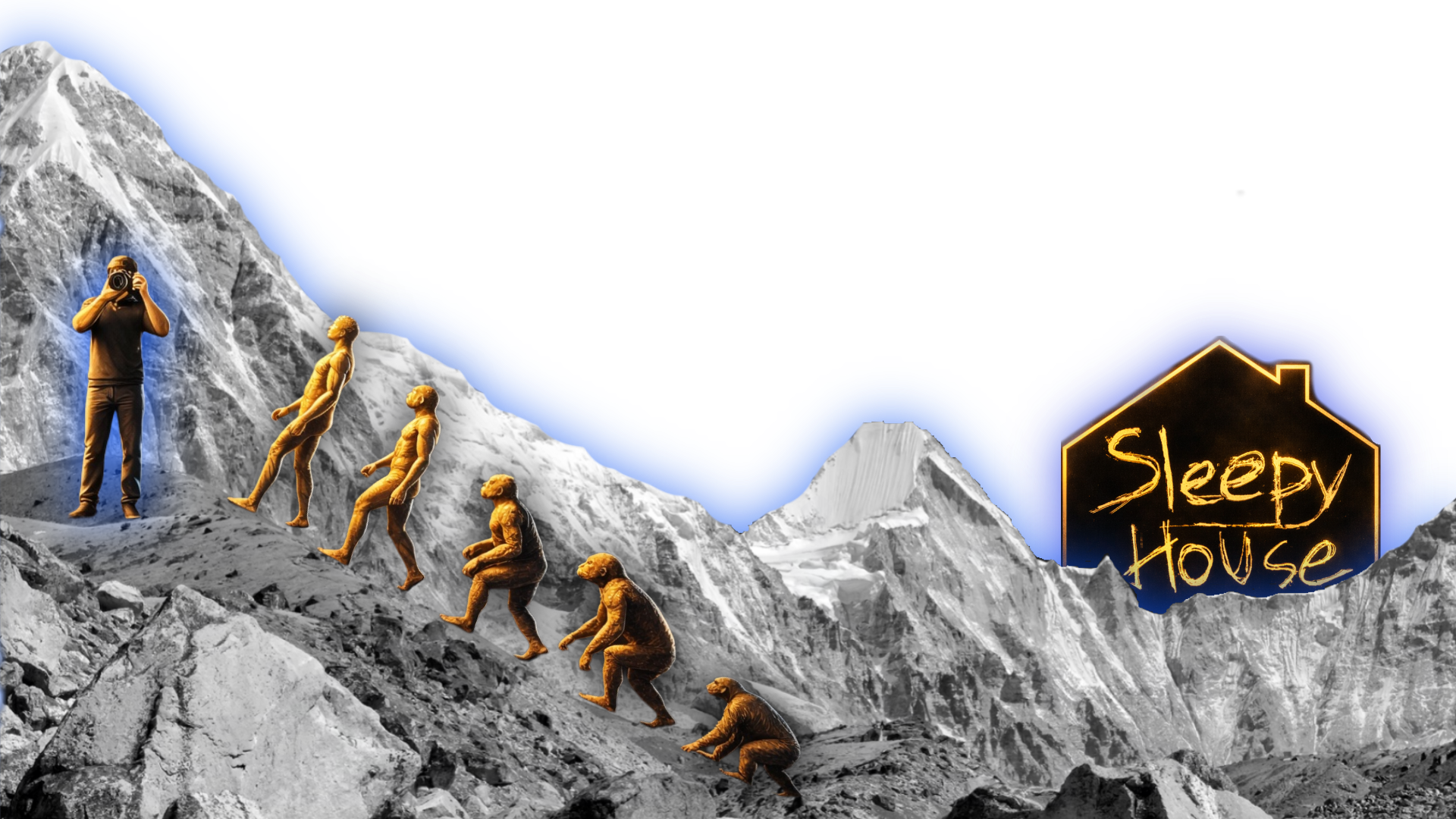 A digital collage showing a mountain landscape with the word 'Sleepy House' in neon-style on the right. There is a sequence of orangish-brown monkey figures climbing up a rocky slope, leading to an older man taking a photo, all against a distorted bright blue sky background.