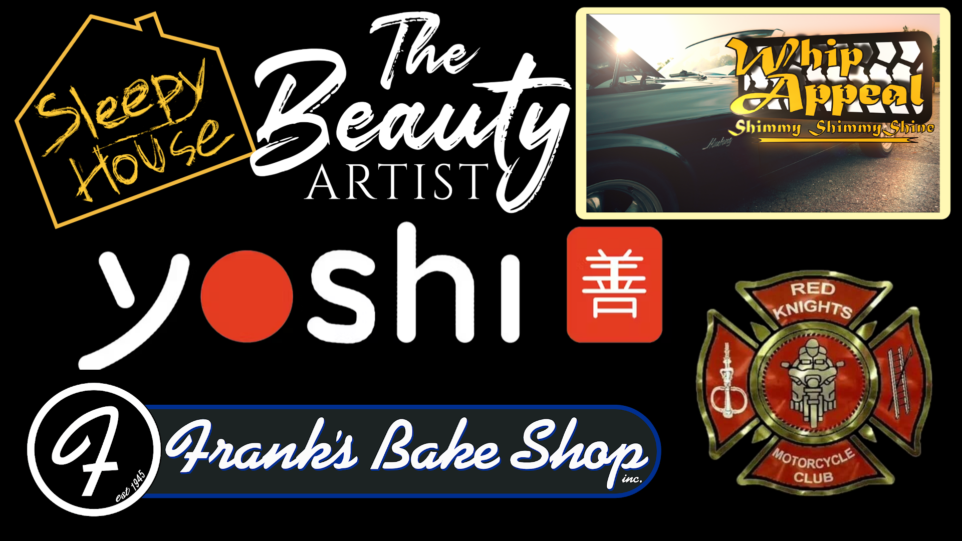 Collage of various logos and images including 'Sleepy House Artistry', 'The Beauty Artist', 'Whip Appeal', 'Yoshi', 'Frank's Bake Shop', and a Red Knights Motorcycle Club badge, along with a photo of a classic car with the sun setting in the background.