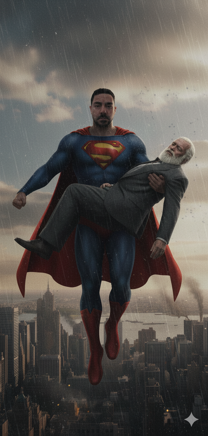 Superman flying over a city holding an older man in his arms during a rainy day.