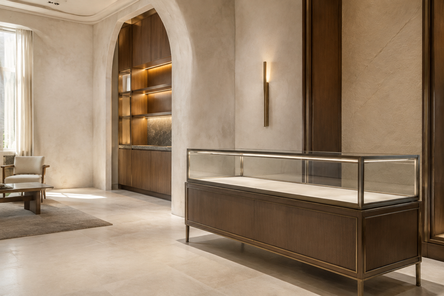 Empty glass display case in a warm ivory and walnut private watch showroom.