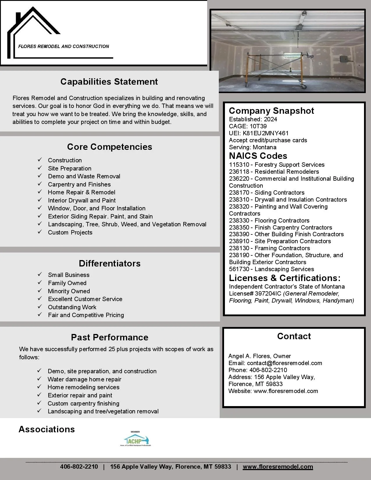 A construction company's business information sheet featuring a photo of an unfinished interior room with drywall and scaffolding, company logo, contact details, and overview of capabilities, core competencies, differentiators, past performance, company snapshot, licenses, and certifications.