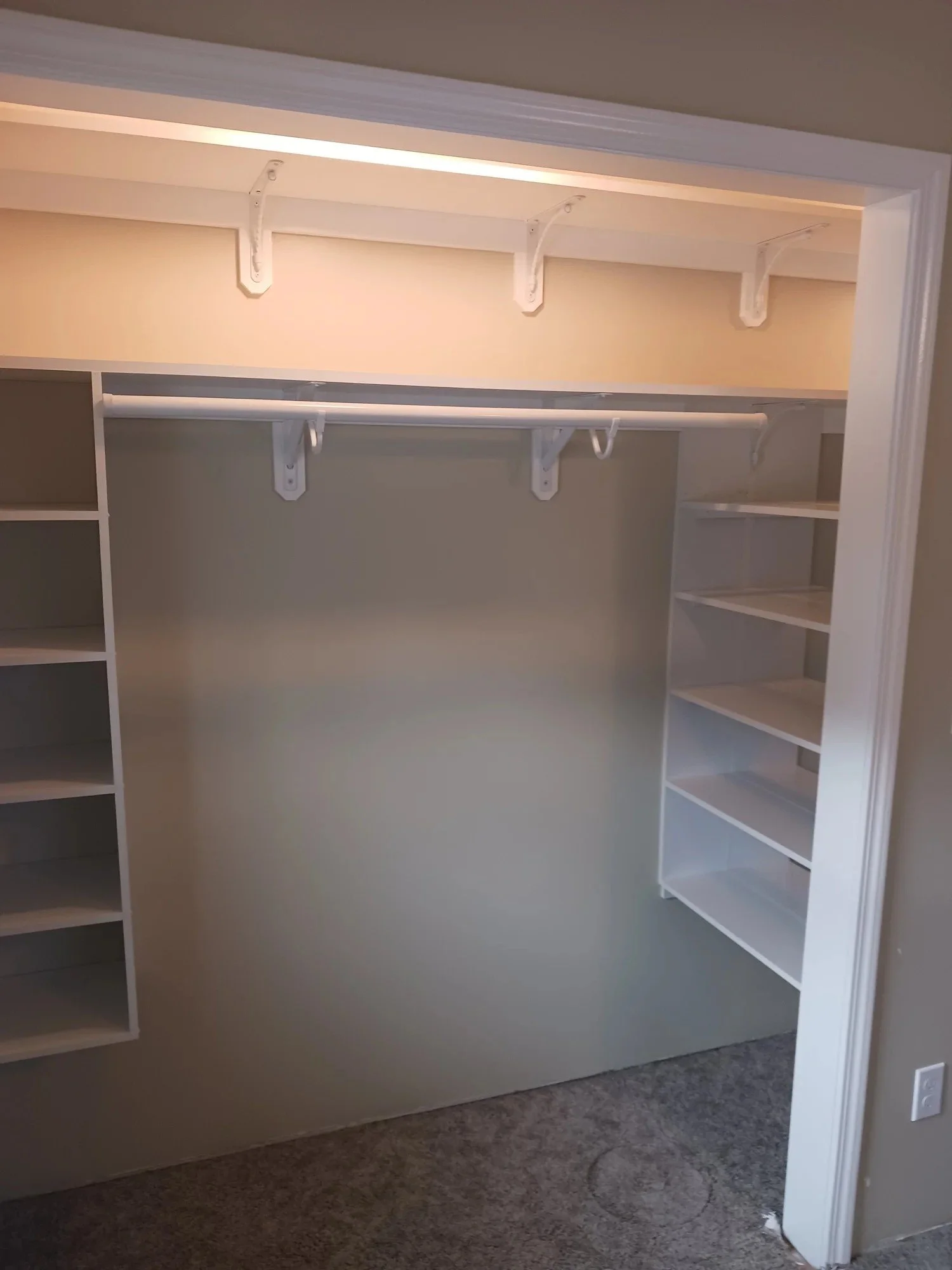 Empty walk-in closet with hanging rod, shelves, and beige walls.