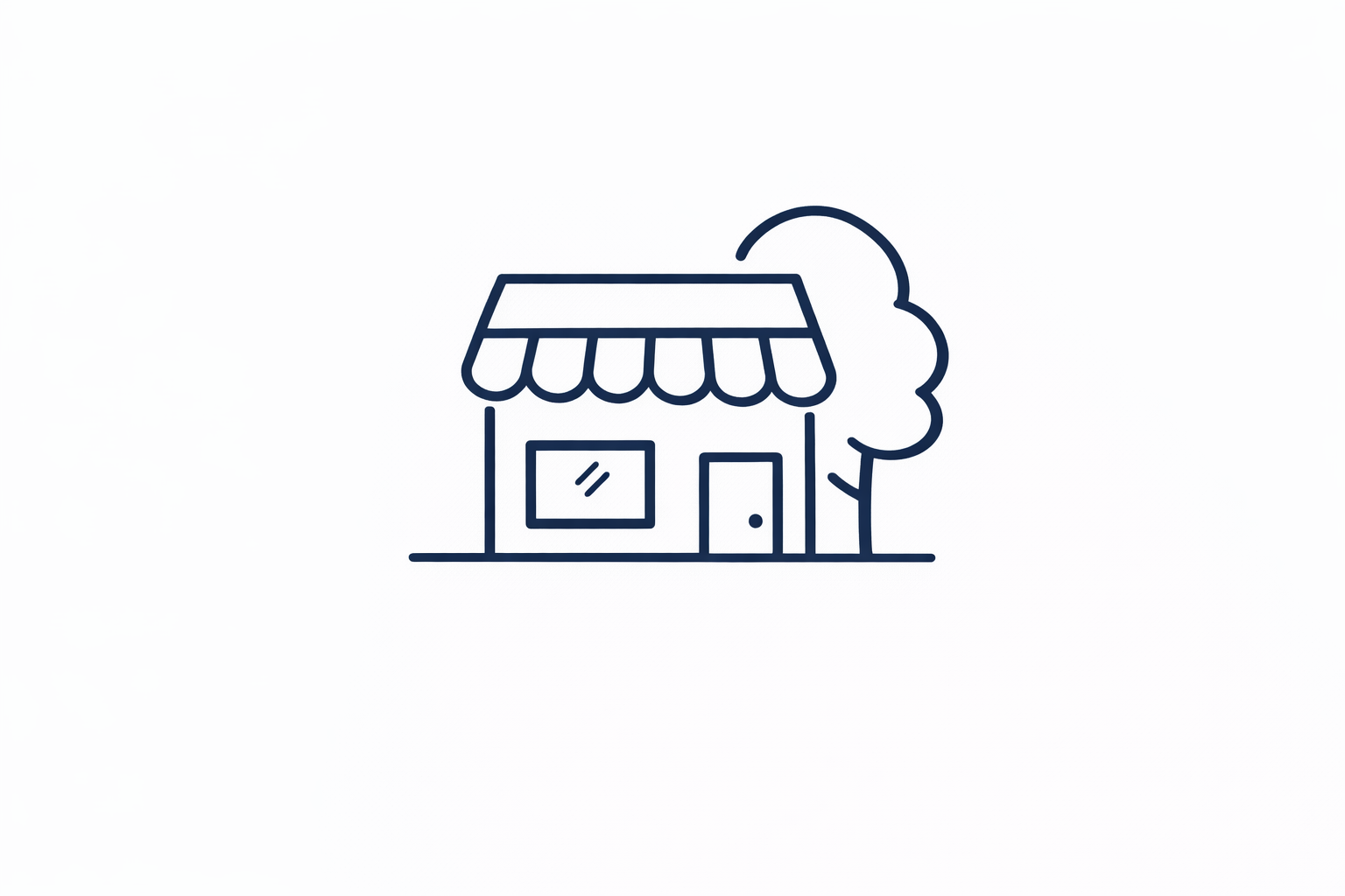 Icone d'une petite boutique avec une fenêtre, une porte, un panneau de store et un arbre derrière.