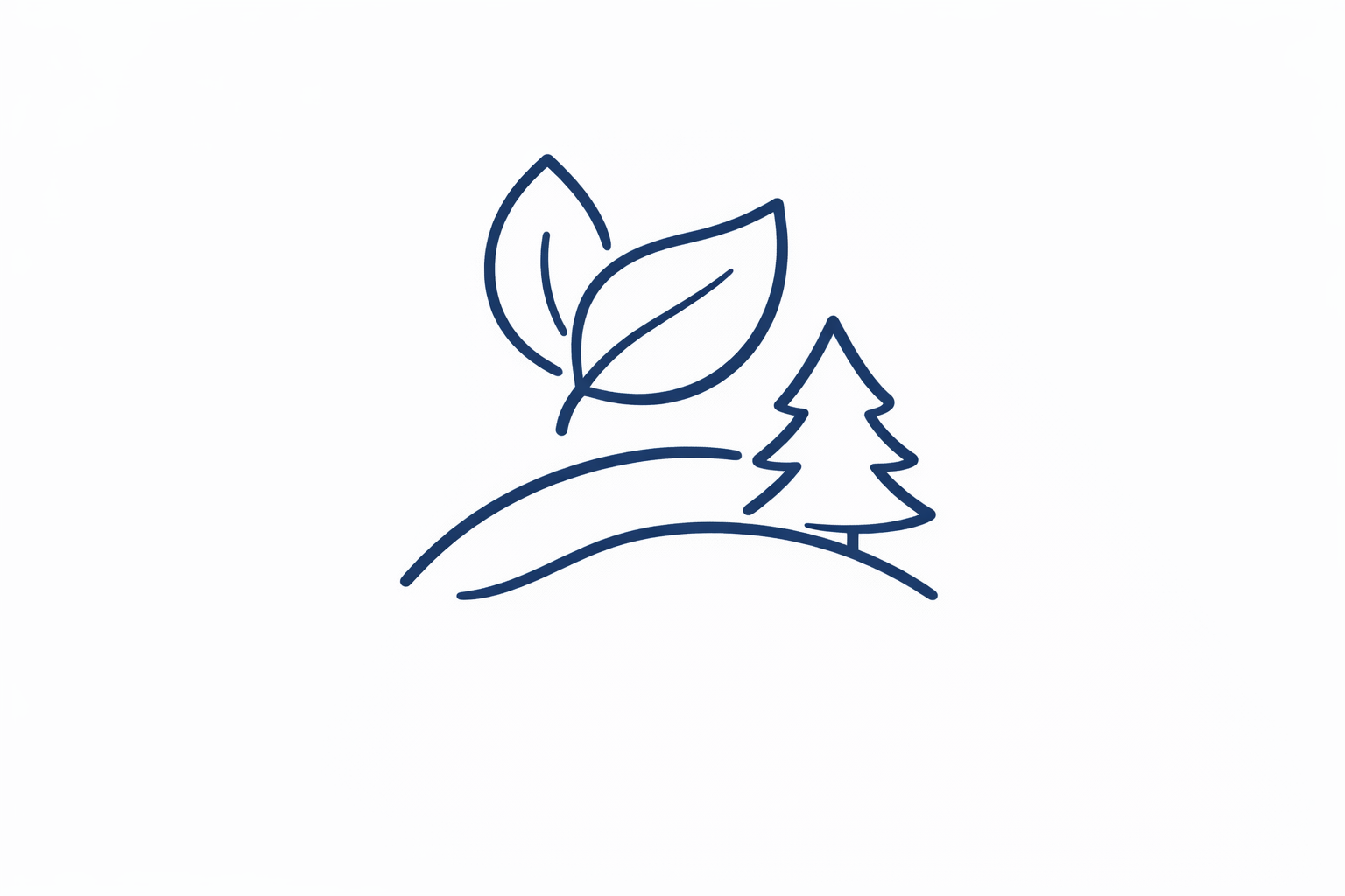 Icône minimaliste de deux feuilles, une colline et un arbre, en ligne de couleur bleue.