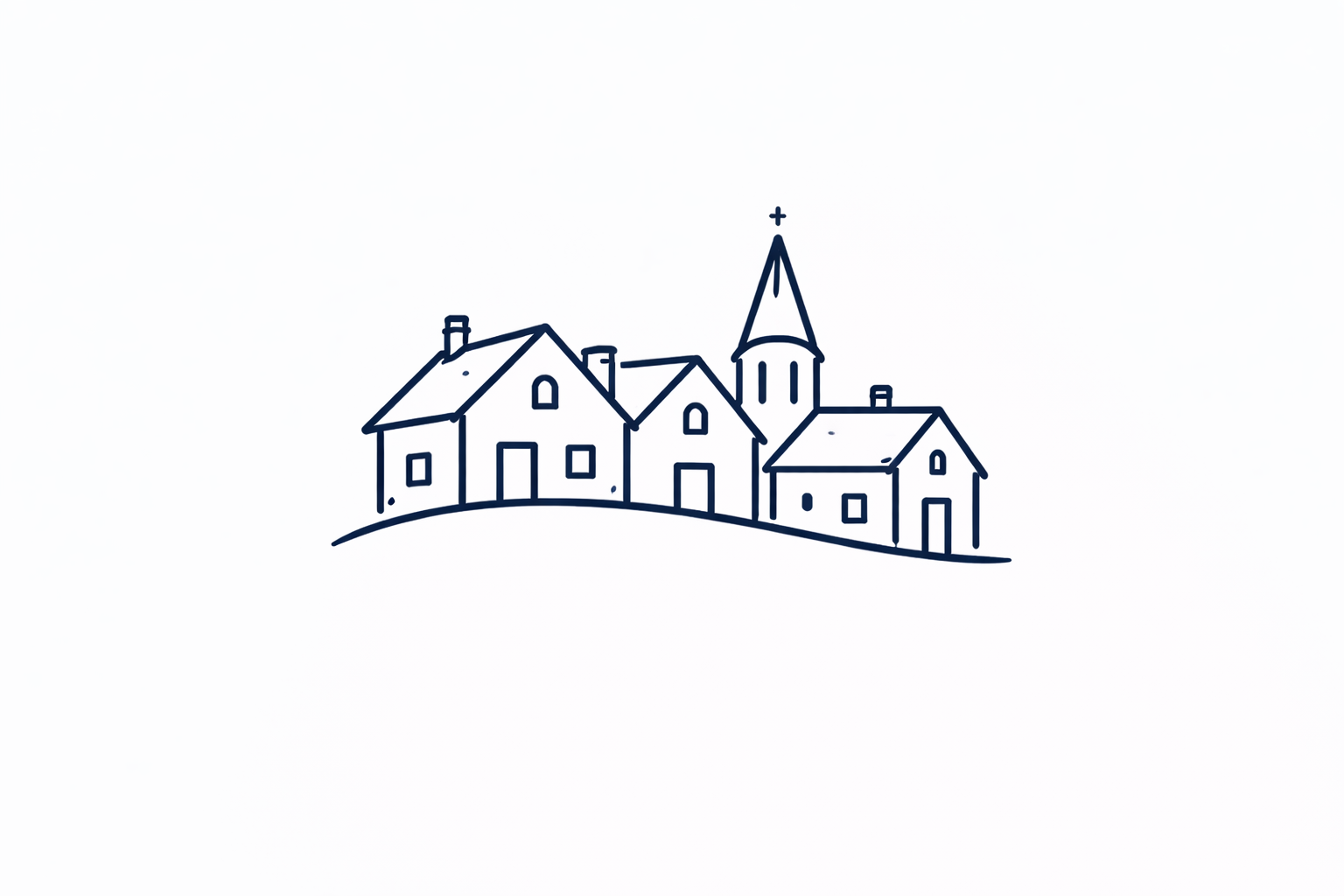 Dessin simple de plusieurs maisons avec une église, en ligne bleue, sur une colline