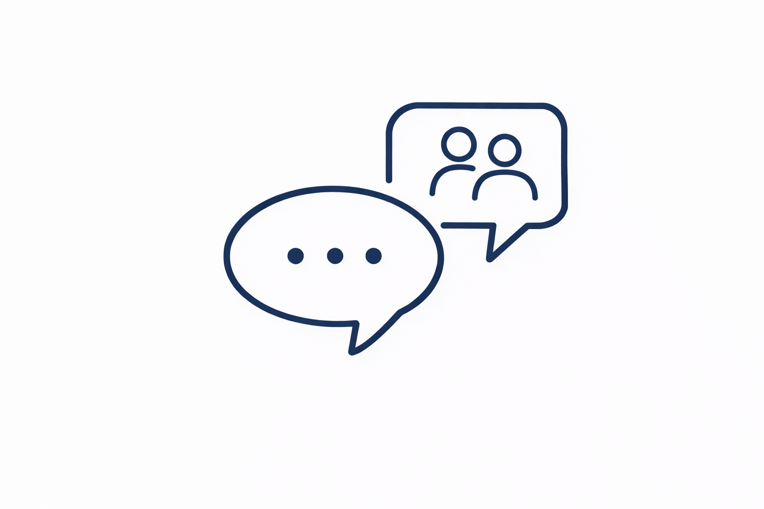 Icone de communication avec deux bulles de dialogue, l'une avec trois points et l'autre avec deux silhouettes humaines.